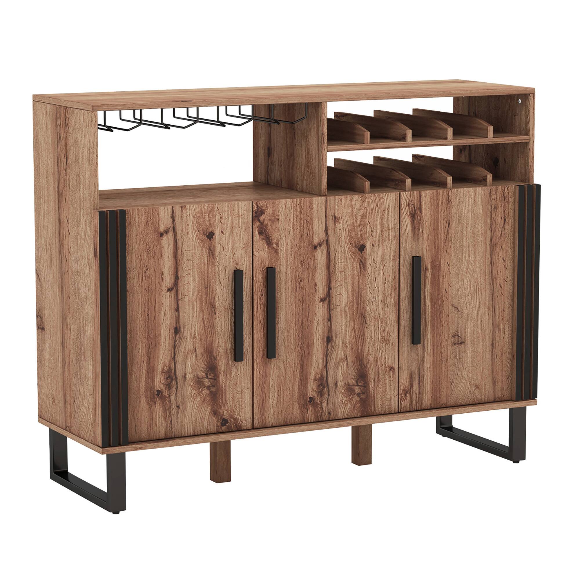 Alt View 9. Gymax - Gymax Home Wine Bar Cabinet w/ 3 Doors & Adjustable Shelves 2-tier Wine Rack Sideboard - Brown.