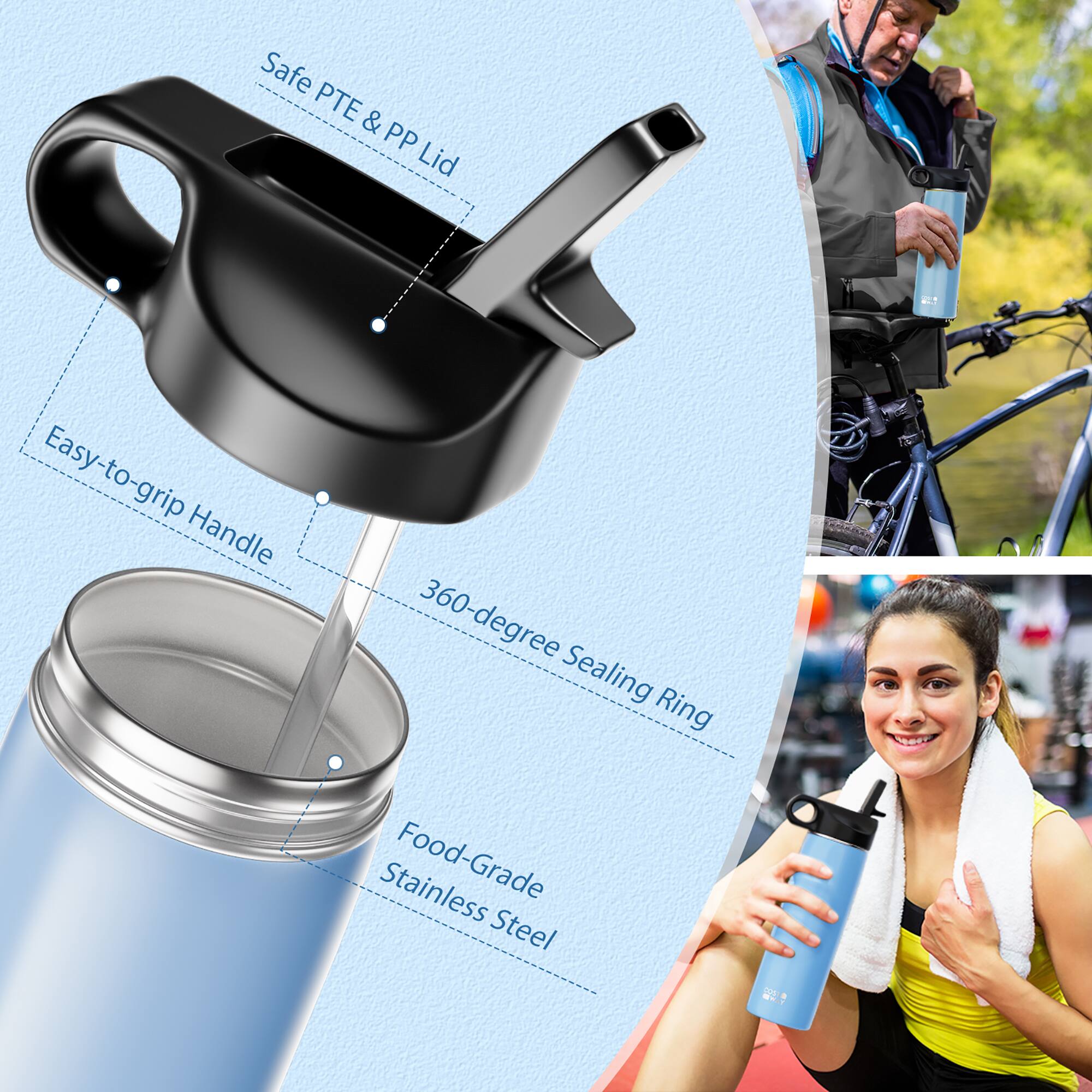 Safe PTE & PP Lid  
Easy-to-grip Handle  
360-degree Sealing Ring  
Food-Grade Stainless Steel