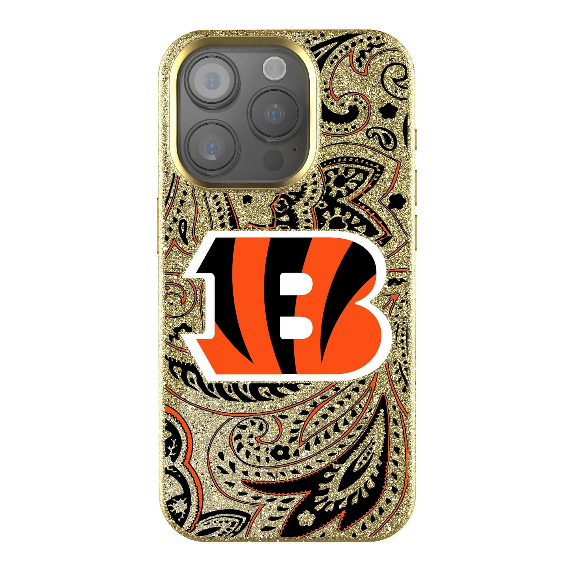Front. Keyscaper - Cincinnati Bengals Paisley Bling iPhone Case - 14 Pro - Gold.