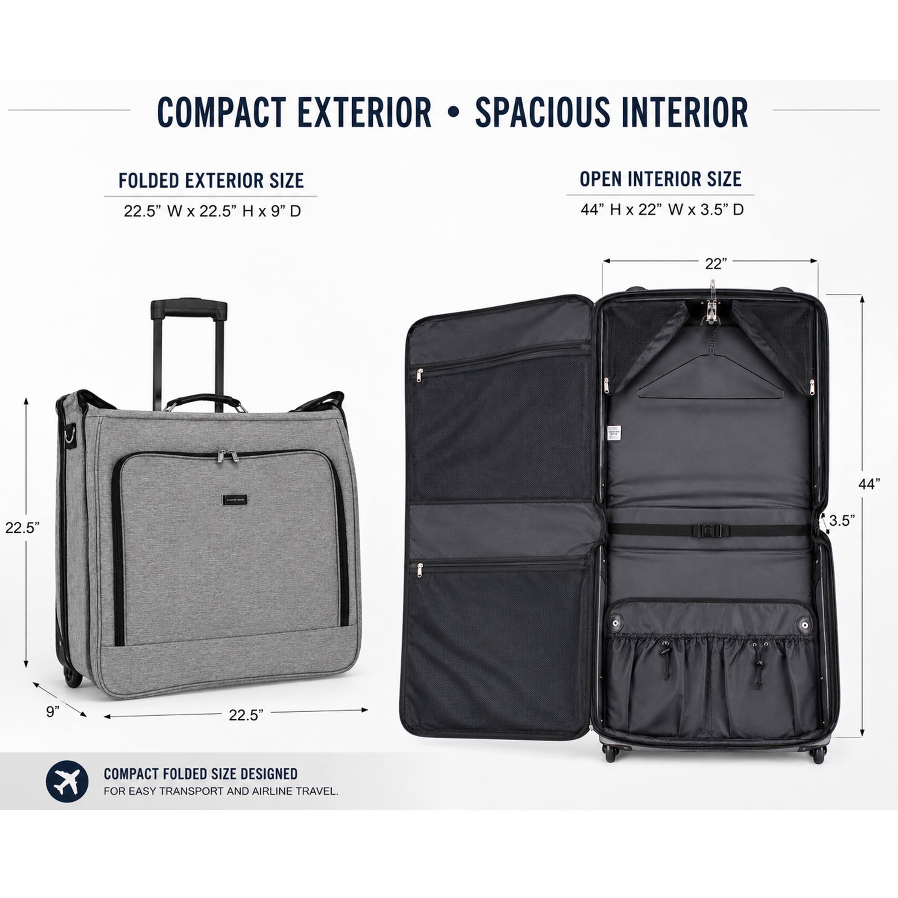 COMPACT EXTERIOR SPACIOUS INTERIOR

FOLDED EXTERIOR SIZE
22.5" W x 22.5" H x 9" D

OPEN INTERIOR SIZE
44" H x 22" W x 3.5" D

COMPACT FOLDED SIZE DESIGNED FOR EASY TRANSPORT AND AIRLINE TRAVEL