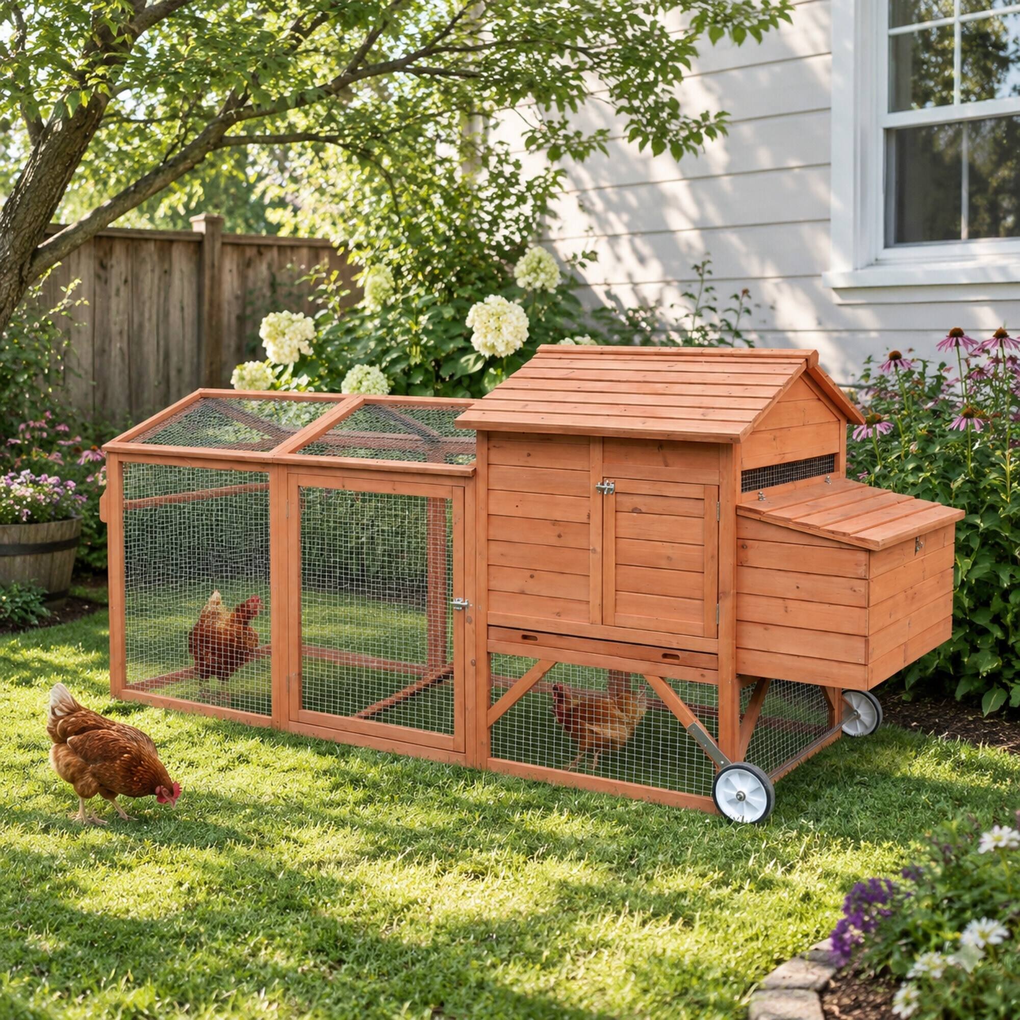 Alt View 1. RYHNUYNE - Wooden Chicken Coop, Portable Hen House with Wheels, Nesting Box, Outdoor Run, Natural.