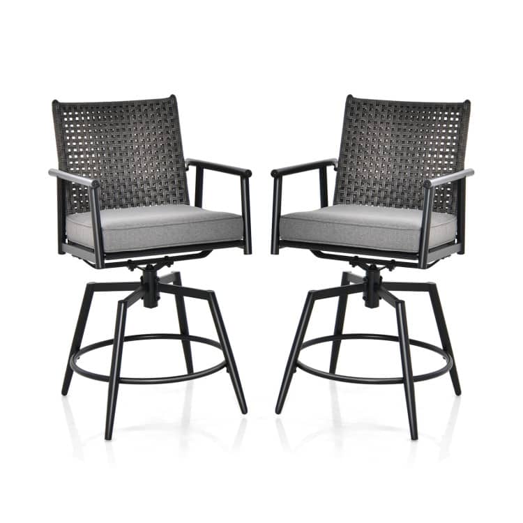 Mondawe - Set of 2 360 Degree Swivel Bar Stool with Metal Frame and PE Rattan Backrest - Black