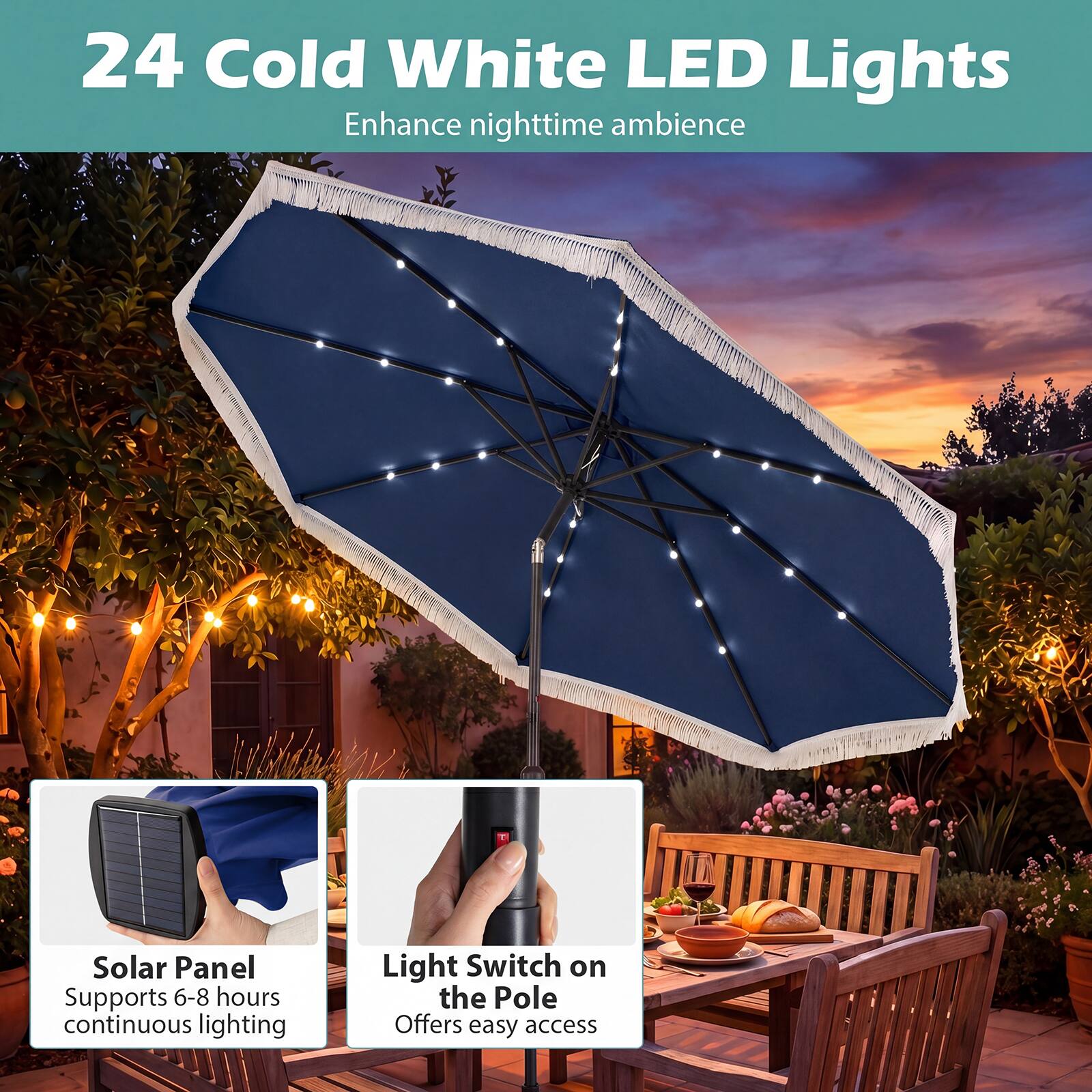 24 Cold White LED Lights  
Enhance nighttime ambience  

Solar Panel  
Supports 6-8 hours continuous lighting  

Light Switch on the Pole  
Offers easy access