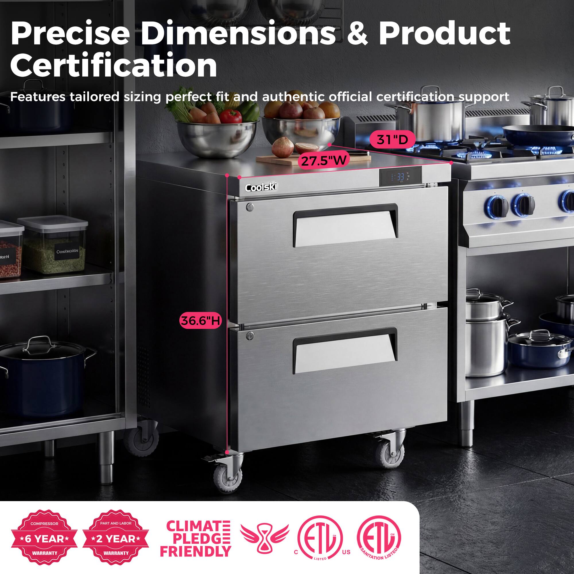 Precise Dimensions & Product Certification

Features tailored sizing perfect fit and authentic official certification support

Dimensions:
- 27.5"W
- 31"D
- 36.6"H

Certifications:
- ETL Listed
- Climate Friendly

Warranty:
- 6 Year Compressor Warranty
- 2 Year Parts and Labor Warranty