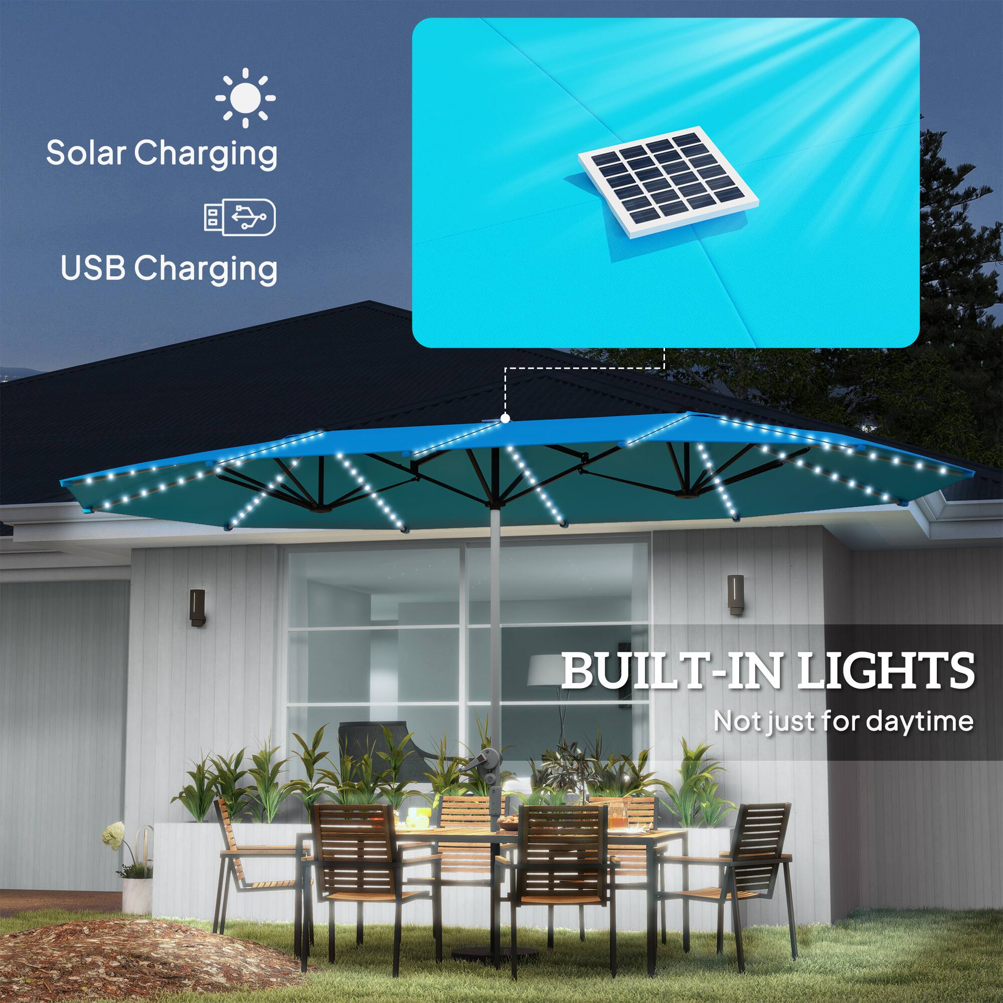 Solar Charging, USB Charging, BUILT-IN LIGHTS, Not just for daytime