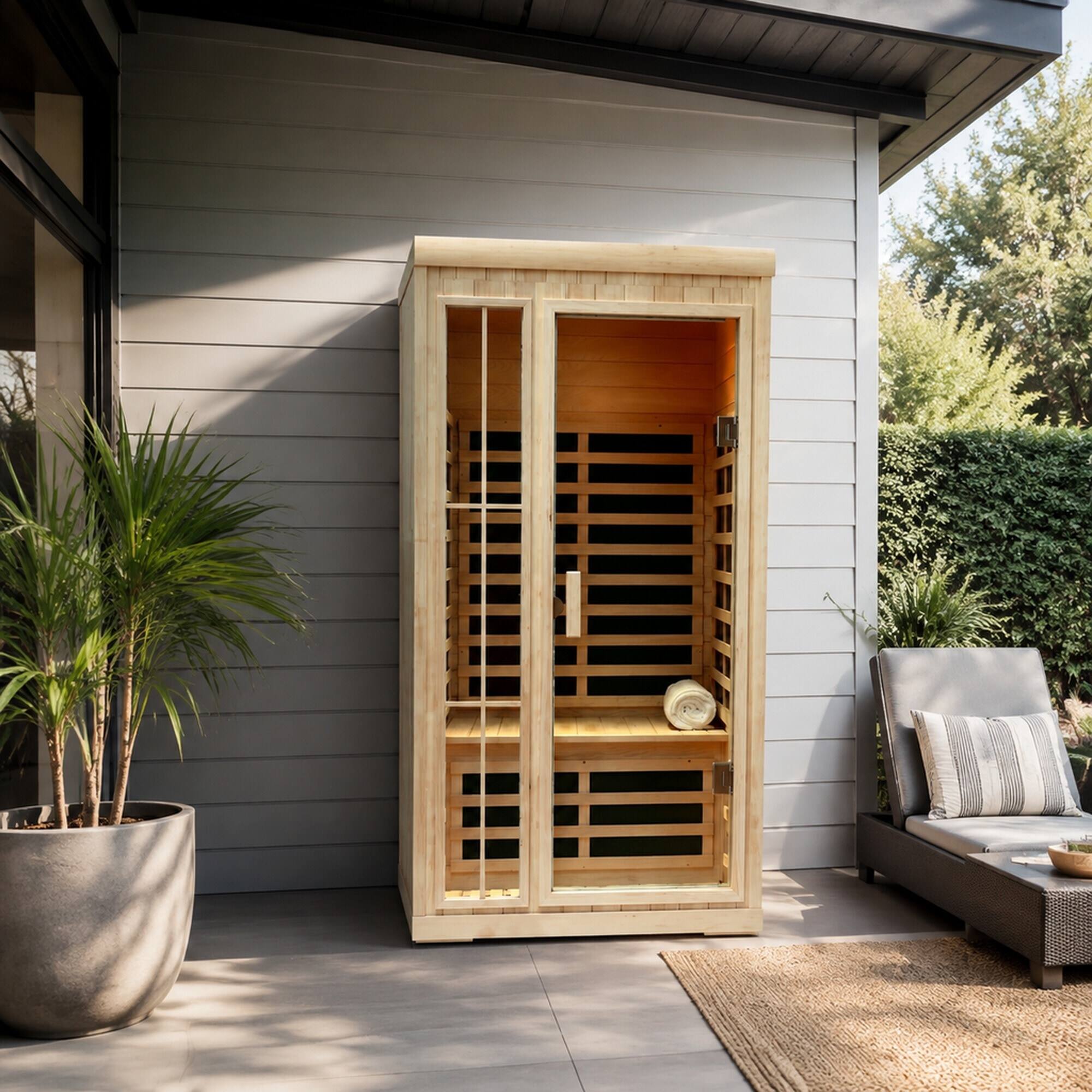 Angle. RYHNUYNE - Far Infrared Hemlock Sauna Room, 1 Person, 7 Heating Panels, 1350W, LED Lights, Bluetooth, APP Control - Natural.
