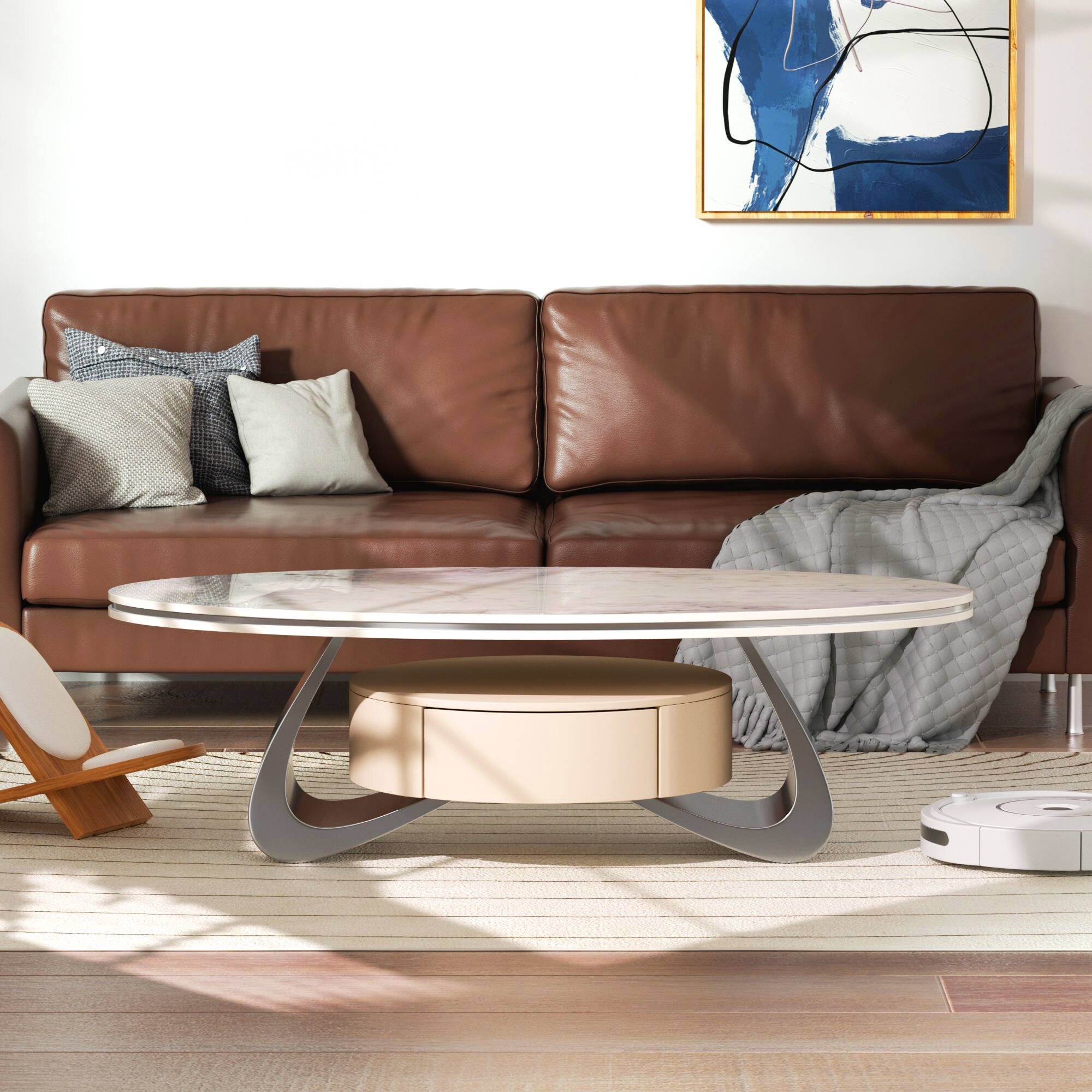 Alt View 1. MSOOB - 47.2" Oval Modern Coffee Table Luxury Faux Marble Top Stainless Steel Base - Multicolor.