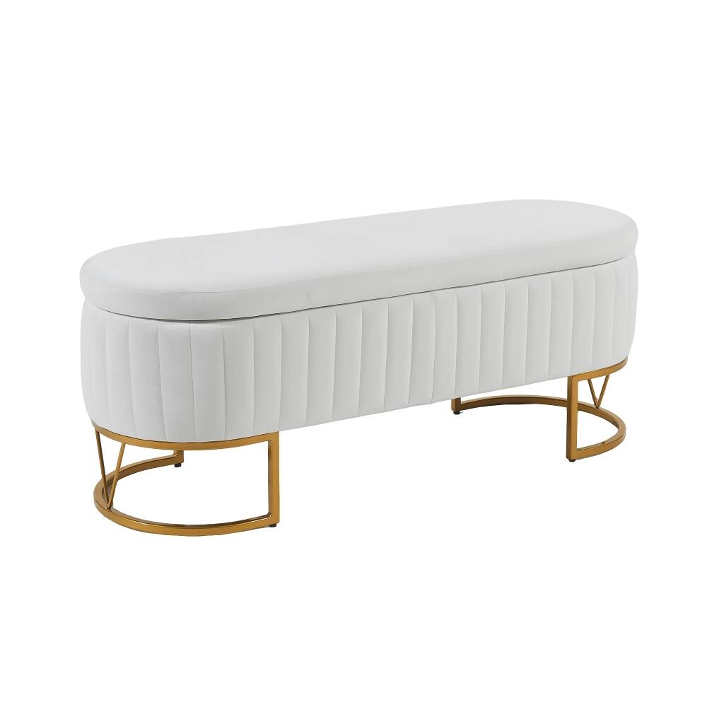 Alt View 8. Ropilly - Ivory Velvet Storage Bench, Oval End of Bed Ottoman with Gold Legs, Entryway Bench, Three Hundred Pounds Capacity - Ivory.