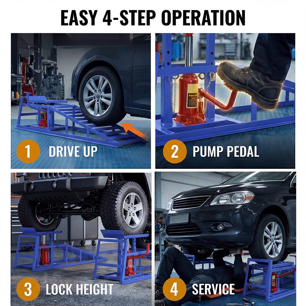 EASY 4-STEP OPERATION

1. DRIVE UP
2. PUMP PEDAL
3. LOCK HEIGHT
4. SERVICE
