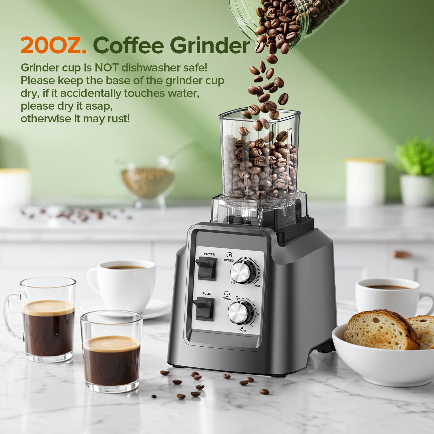 20OZ. Coffee Grinder

Grinder cup is NOT dishwasher safe! Please keep the base of the grinder cup dry, if it accidentally touches water, please dry it asap, otherwise it may rust!