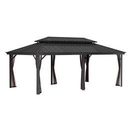 Mondawe - 12x20Ft Hardtop Gazebo with Iron Double Roof Aluminum Frame and Nettings - Black+Brown