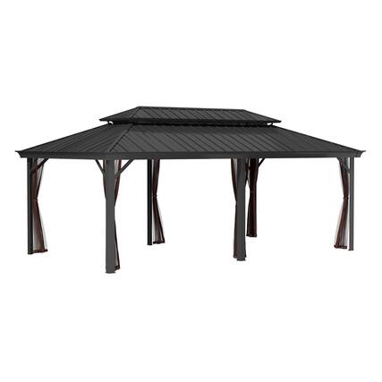 Front. Mondawe - 12x20Ft Hardtop Gazebo with Iron Double Roof Aluminum Frame and Nettings - Black+Brown.