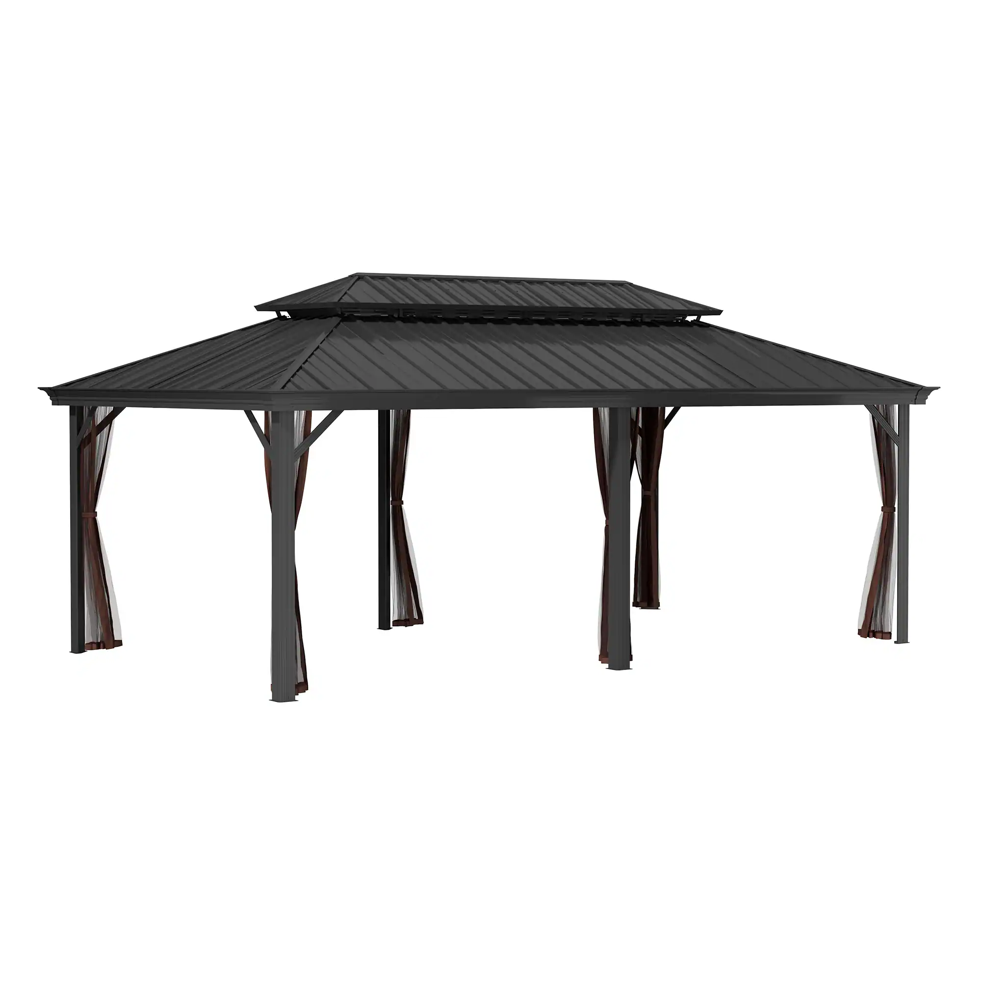 Front. Mondawe - 12x20Ft Hardtop Gazebo with Iron Double Roof Aluminum Frame and Nettings - Black+Brown.