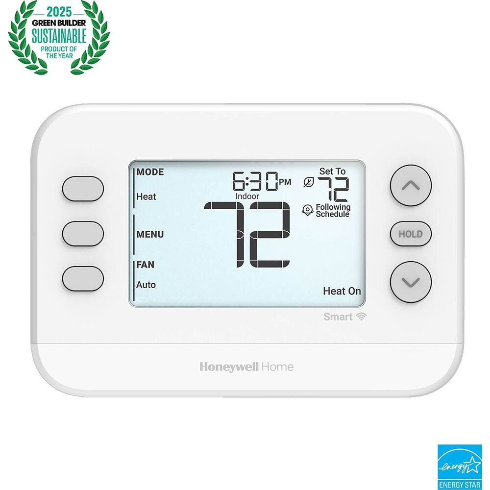2025 Green Builder Sustainable Product of the Year

Honeywell Home

Mode: Heat  
Fan: Auto  
Heat On

6:30 PM  
Indoor: 72  
Set To: 72  
Following Schedule

Smart  
Energy Star