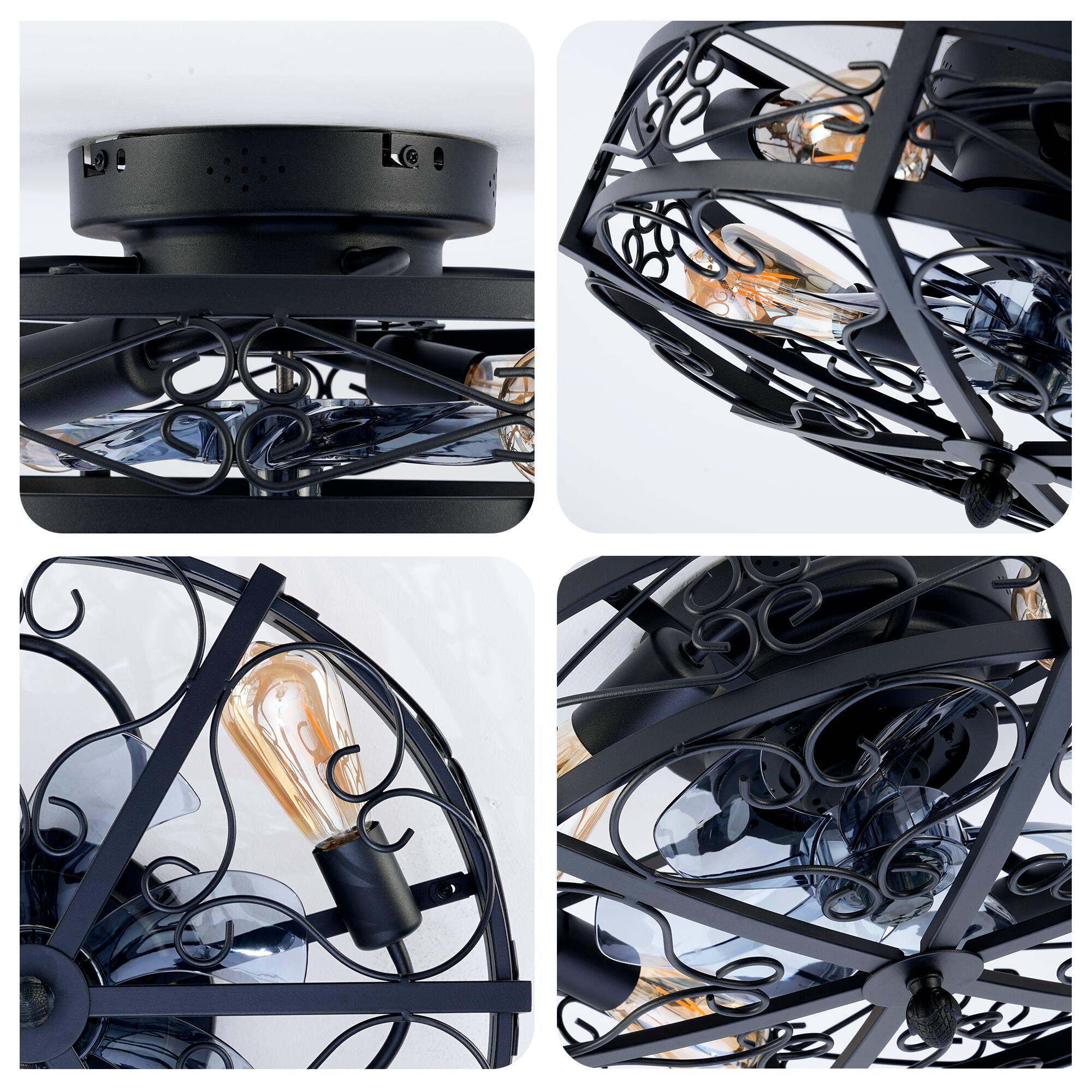 Alt View 4. Sofucor - 20'' Rustic Caged Flush Mount Ceiling Fan w/Lights & Remote Vintage Bladeless Ceiling Fan Reversible Farmhouse Bedroom - Black.