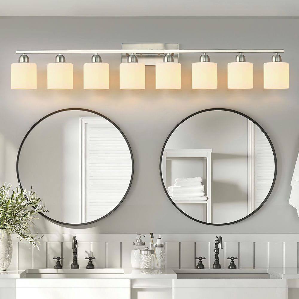 Alt View 6. Kadyn - 8-Light Bathroom Light Fixtures, 52inch Nickel Vanity Light with Milky White Glass Shade, Modern Bathroom Wall Lights - Silver.