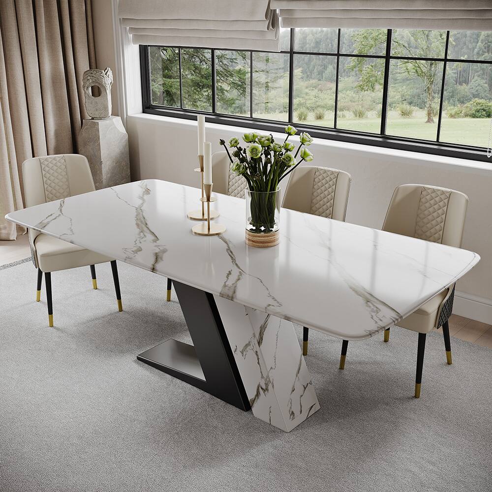 Angle. POVISON - 71"Modern Glossy White Sintered Stone Rectangular Dining Table for 4-6, White & Black Z-shaped Stainless Steel Base - White & Black.