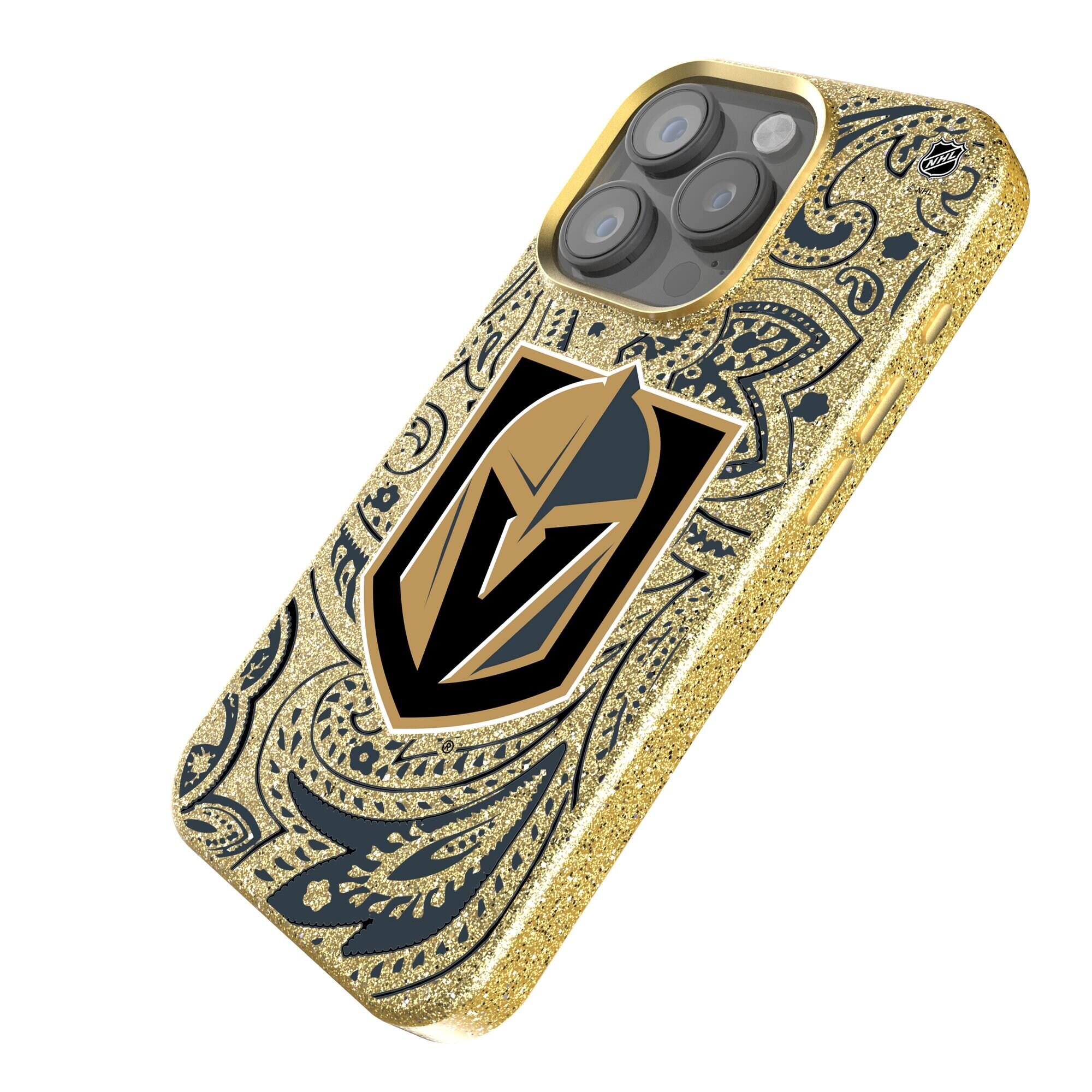 Alt View 1. Keyscaper - Gold Vegas Golden Knights Paisley Bling iPhone Case - 14 Pro Max - Gold.