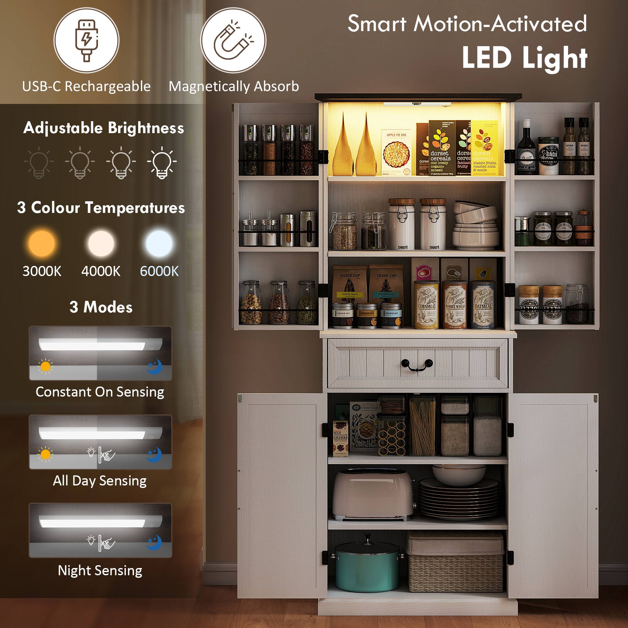Smart Motion-Activated LED Light

Adjustable Brightness

3 Colour Temperatures
3000K 4000K 6000K

3 Modes
Constant On Sensing
All Day Sensing
Night Sensing