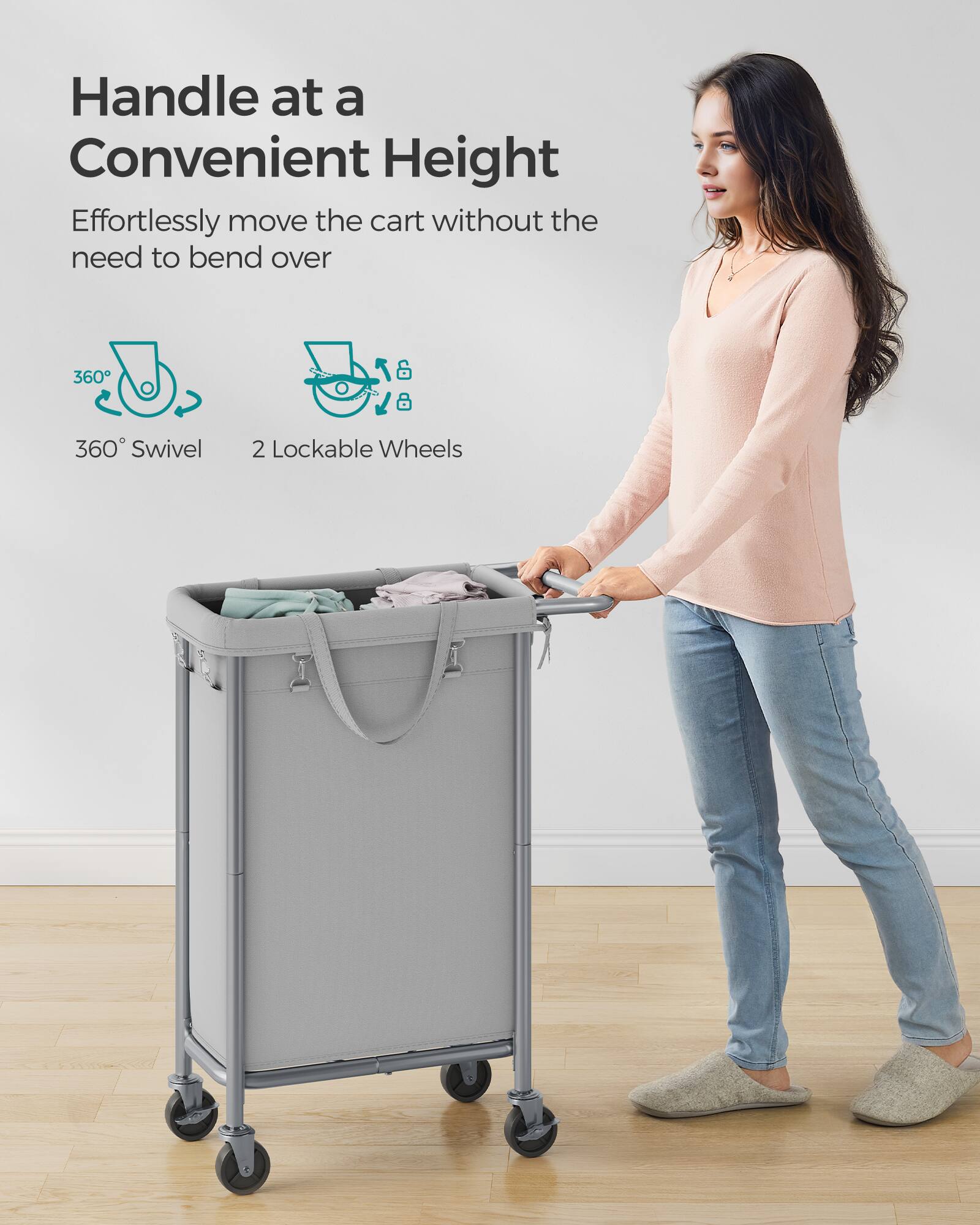 Handle at a Convenient Height

Effortlessly move the cart without the need to bend over

360° Swivel

2 Lockable Wheels