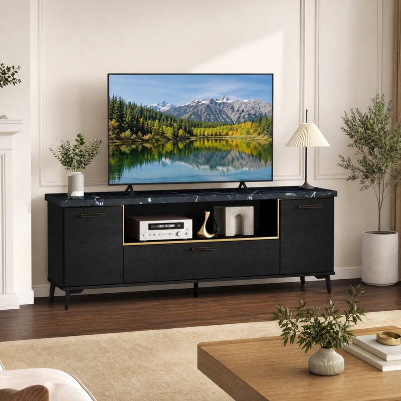 Angle. WELLFOR - Mid Century Modern TV Stand for TVs up to 75 Inch,Entertainment Center with Flip Door Cabinet - Black.