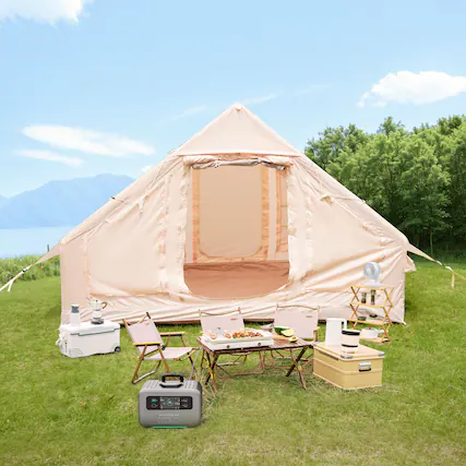Front. Loheer - Inflatable Camping Tent 2-4 Person, Easy Setup Waterproof 210D Oxford Blow Up Glamping Tent with Pump & Chimney Window - Beige.