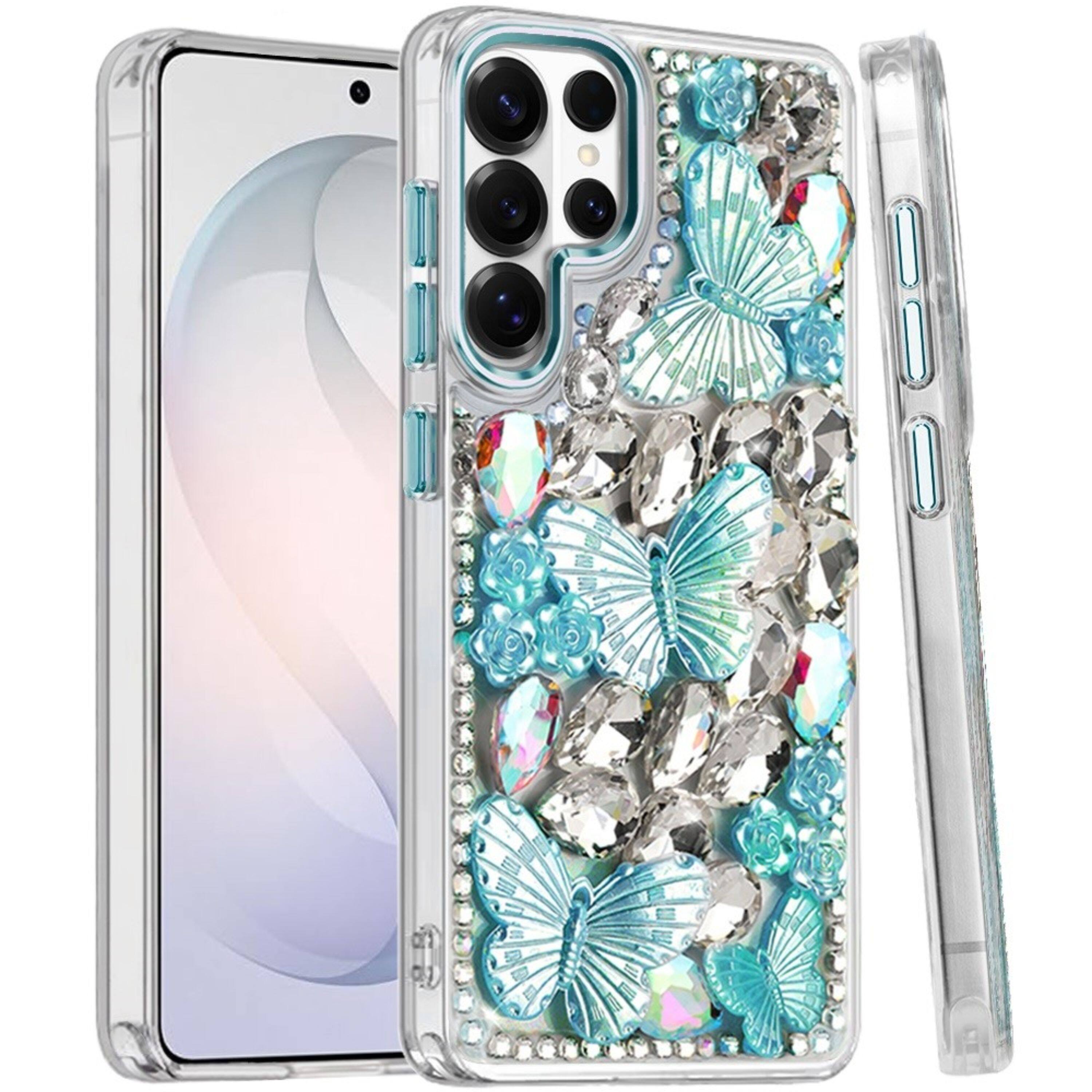 Front. Kitcheniva - Luxury Diamond Butterfly Embellished Cover With Tempered Glass For Samsung S26 Ultra Blue - Blue.