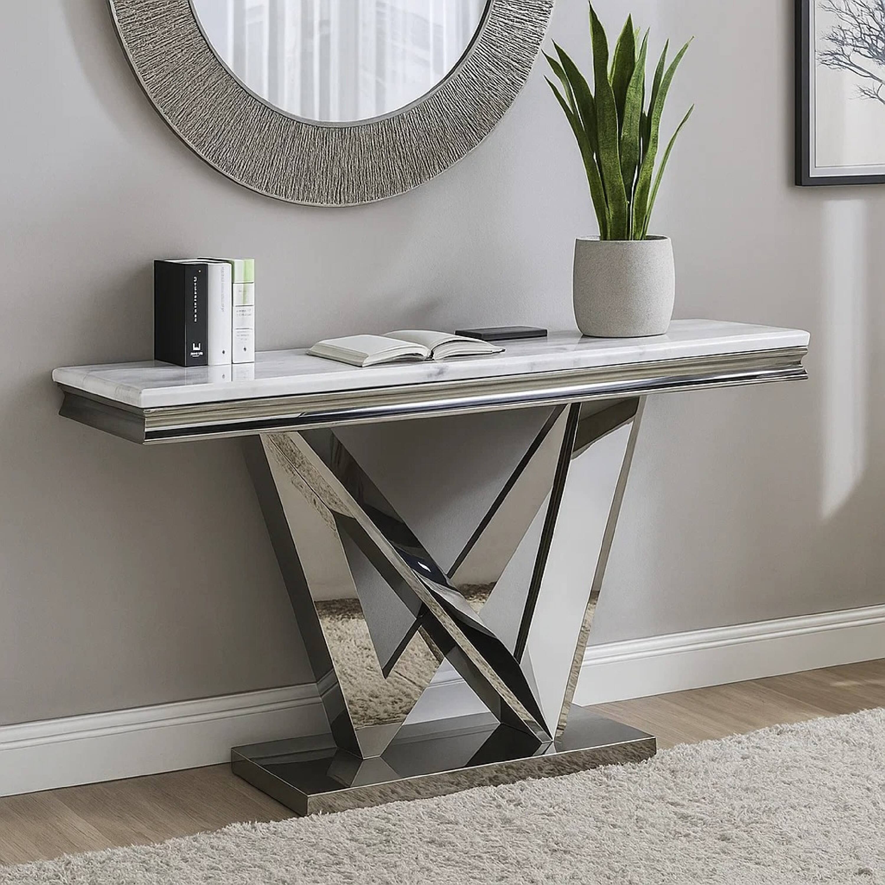 Alt View 5. Manhattan Lane - Vily Sofa Console Table, Beveled Faux Marble, Chrome Steel V-Base - Chrome, White.