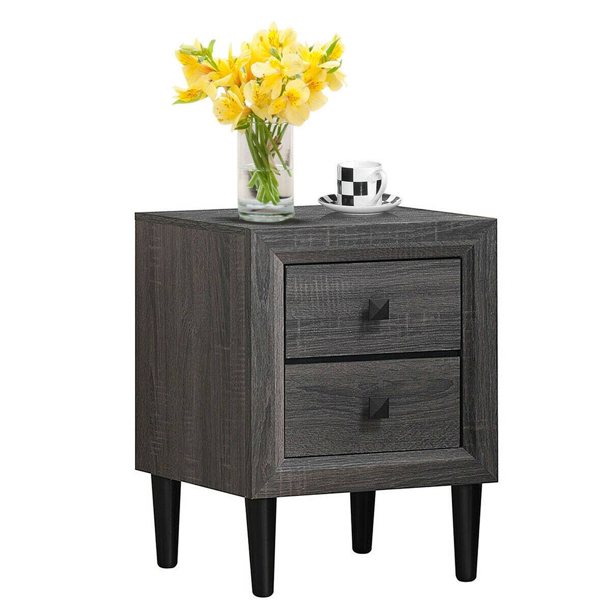 Front. Ecooso - Retro Nightstand Multipurpose Bedside End Table with 2 Drawers for Storage - Grey.