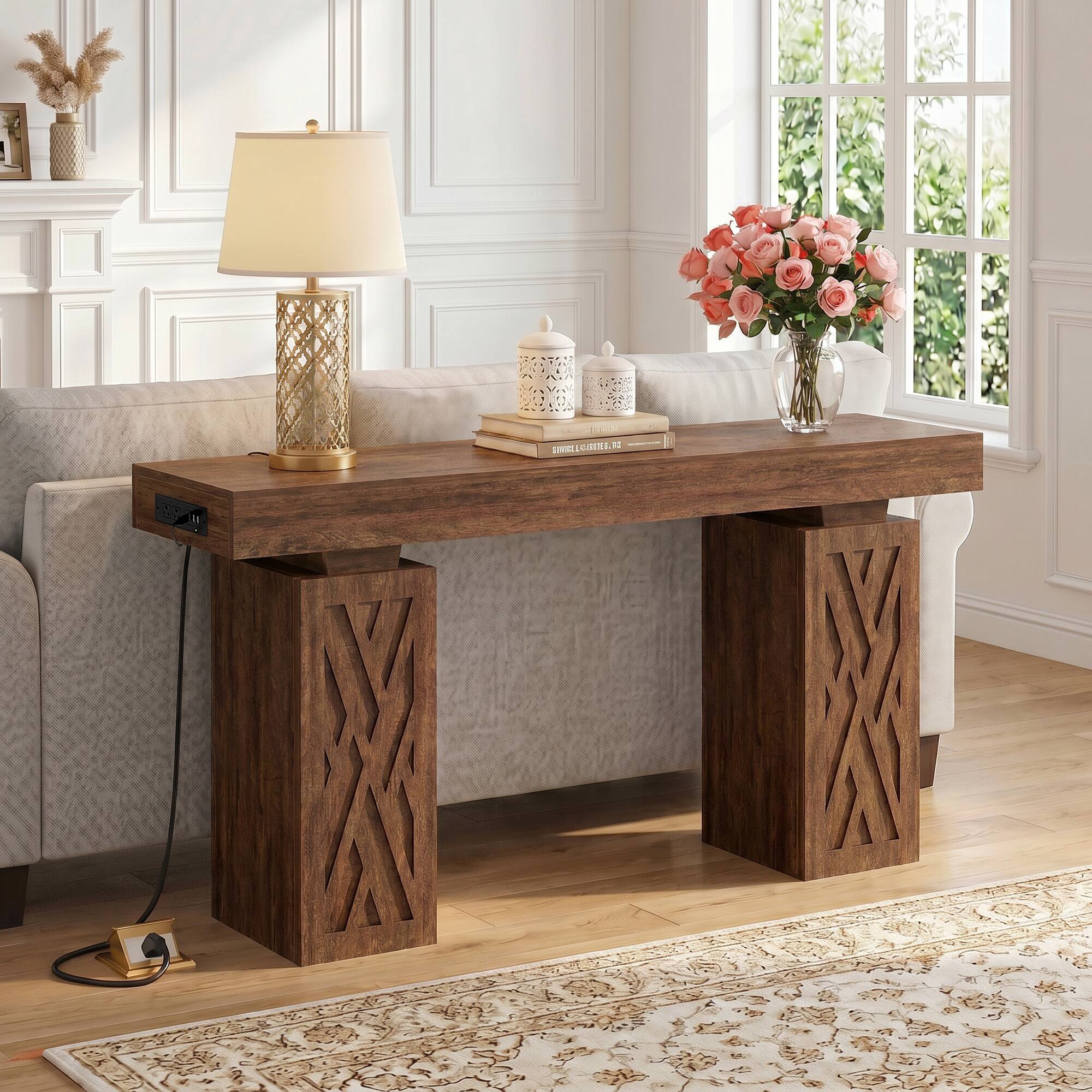 Alt View 4. Aheaplus - 63'' Farmhouse Console Table with Charging Station and LED Lights - Cracked Oak.