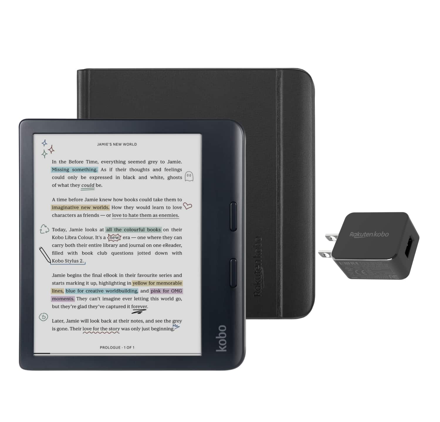 Kobo - Libra Colour eReader (Black) with and AC Bundle - 2024 - Black Notebook SleepCover