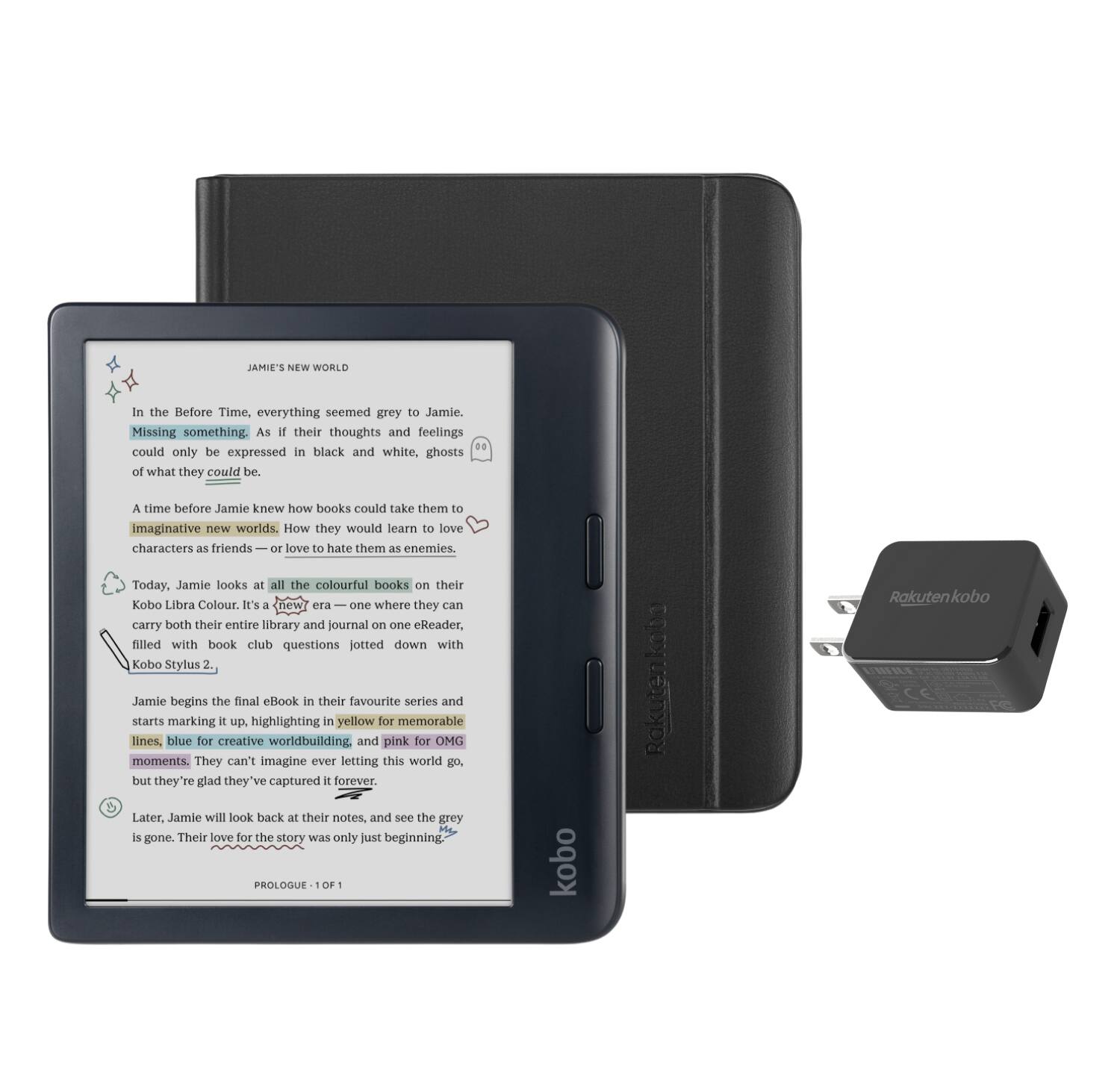 Kobo - Libra Colour eReader (Black) with and AC Bundle - 2024 - Black Notebook SleepCover