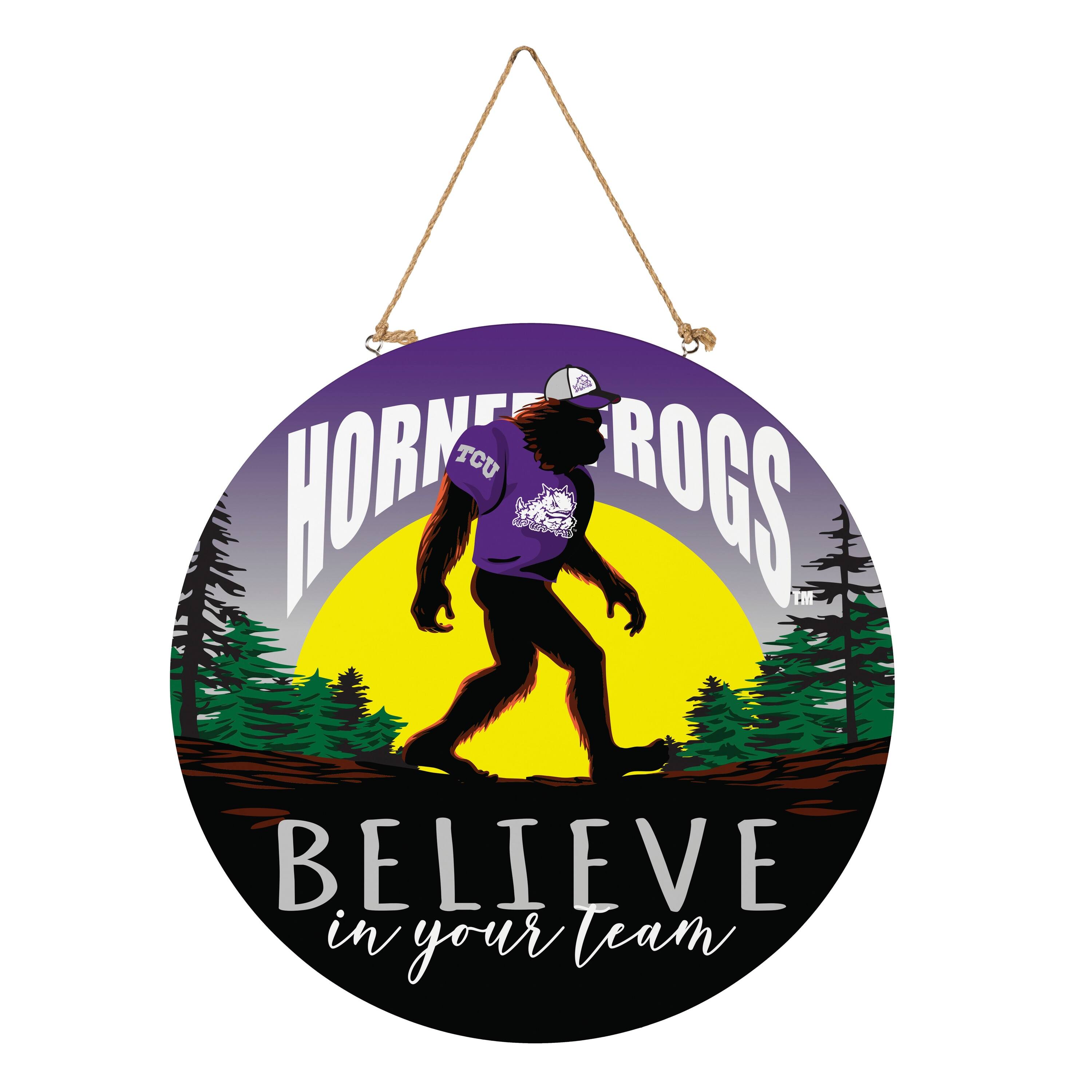 TCU Horned Frogs 18" Bigfoot "Believe in Yourself" Team Logo Wood Round Door Sign
