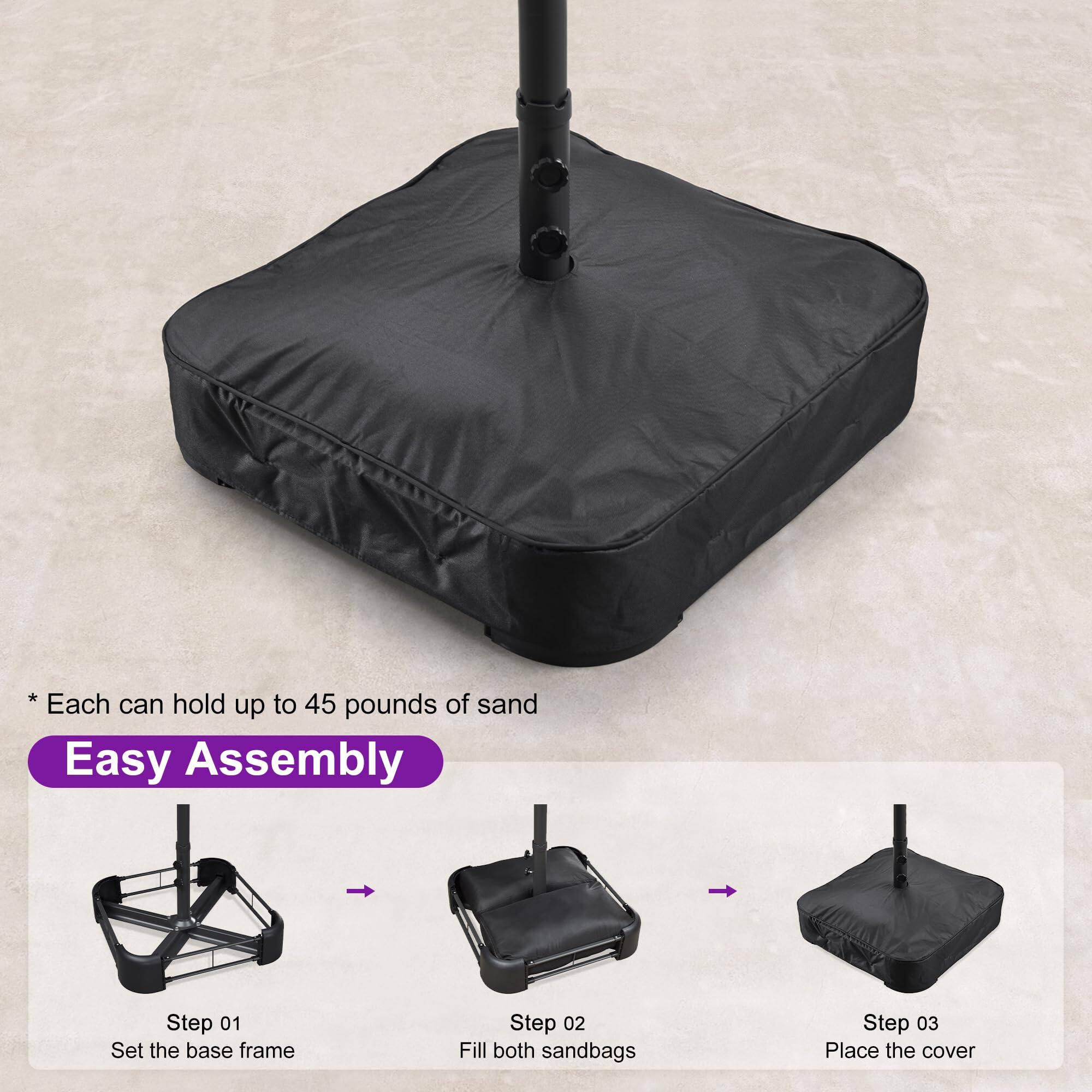 * Each can hold up to 45 pounds of sand

Easy Assembly

Step 01  
Set the base frame

Step 02  
Fill both sandbags

Step 03  
Place the cover