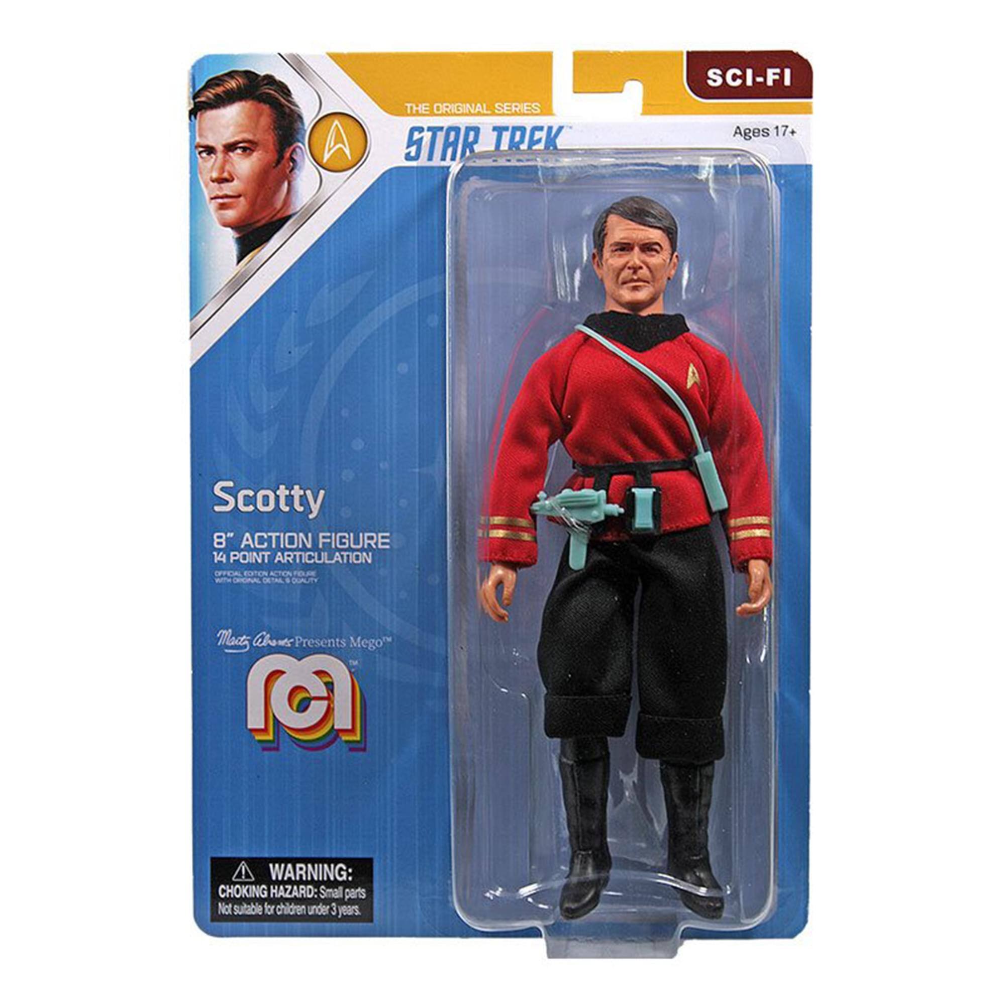 The Original Series Star Trek Sci-Fi  
Ages 17+  
Scotty 8" Action Figure  
14 Point Articulation  

Mact Chantr Presents Mego  

Warning: Choking Hazard - Small parts. Not suitable for children under 3 years.