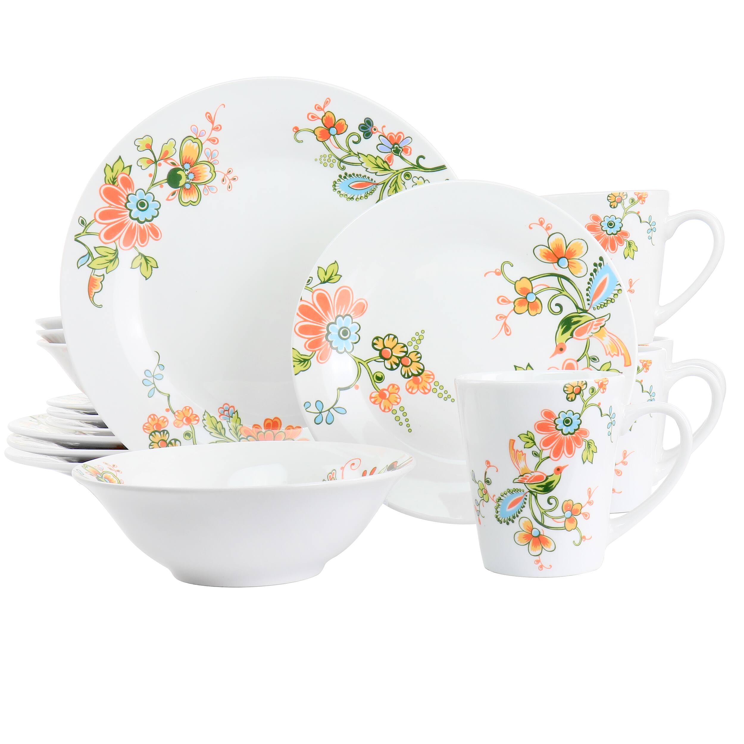 Elama - Spring Bloom 16 Piece Round Porcelain Dinnerware Set - White and Multi