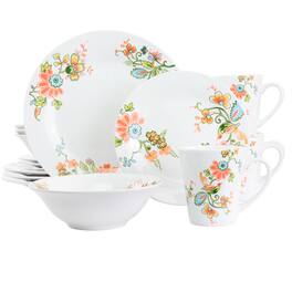Elama - Spring Bloom 16 Piece Round Porcelain Dinnerware Set - White and Multi