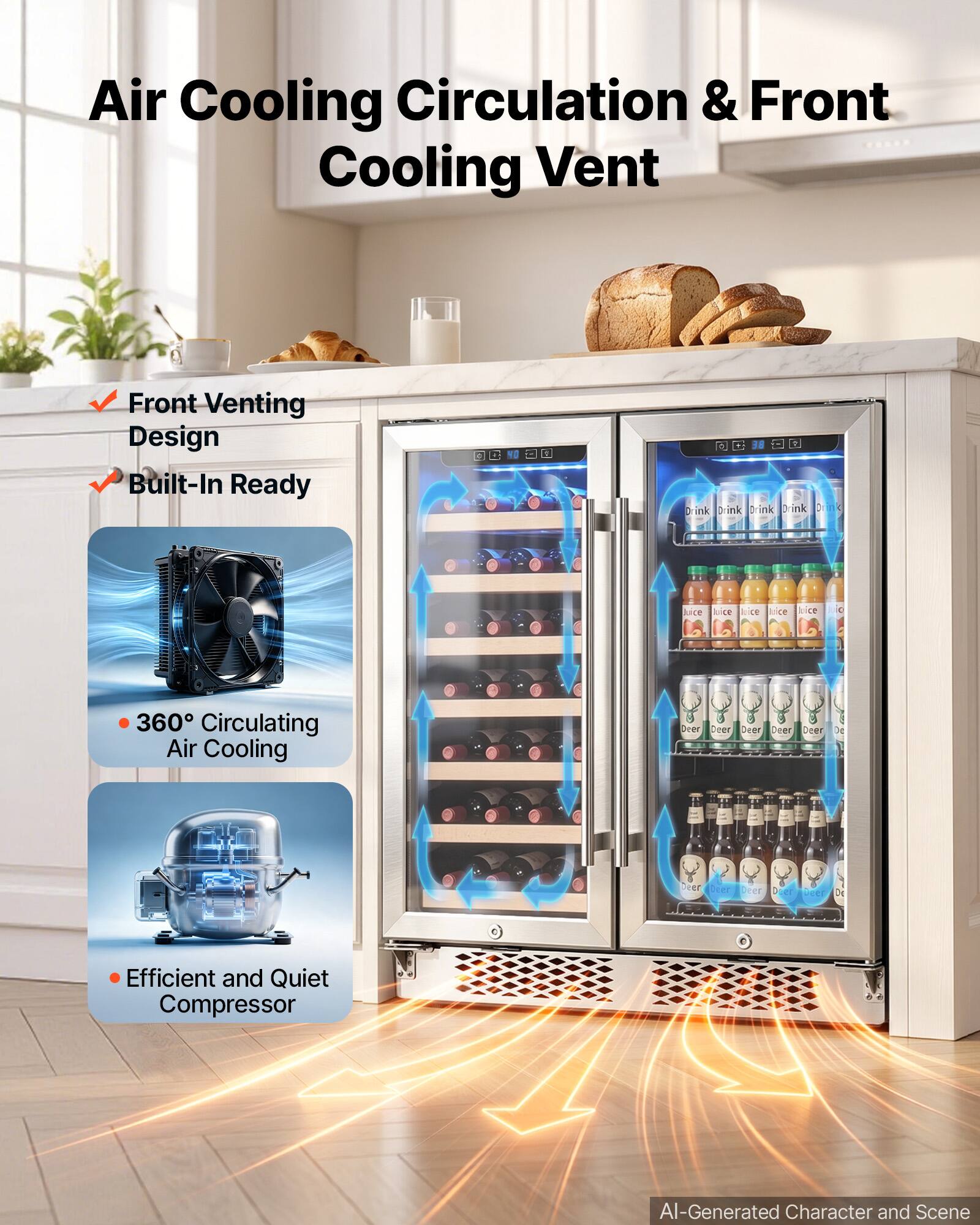 Air Cooling Circulation & Front Cooling Vent

Front Venting Design Built-In Ready

360° Circulating Air Cooling

Efficient and Quiet Compressor

AI-Generated Character and Scene