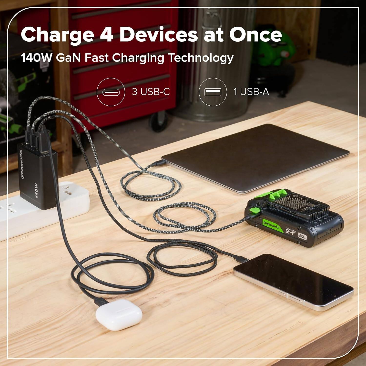 Charge 4 Devices at Once  
140W GaN Fast Charging Technology  

3 USB-C  
1 USB-A  

greenworks  
140W  
greenworks 24 20