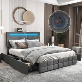 Gymax - Full Upholstered Platform Bed with LED Headboard Charging Station Storage Drawer - Gray