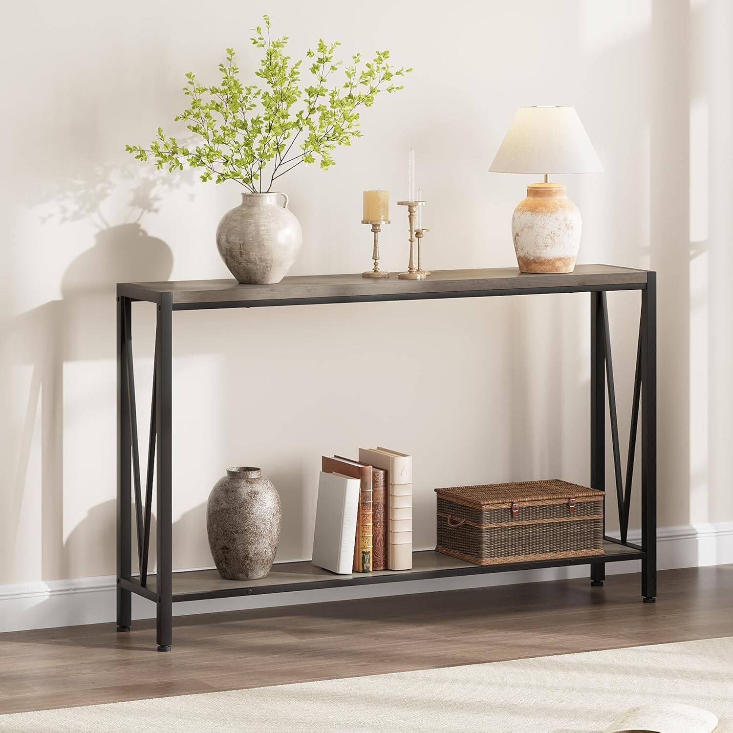 Alt View 4. Jojoka - 43" Console Table, 2-Tier Industrial Narrow Entryway Table , Long Sofa Table - Grey.