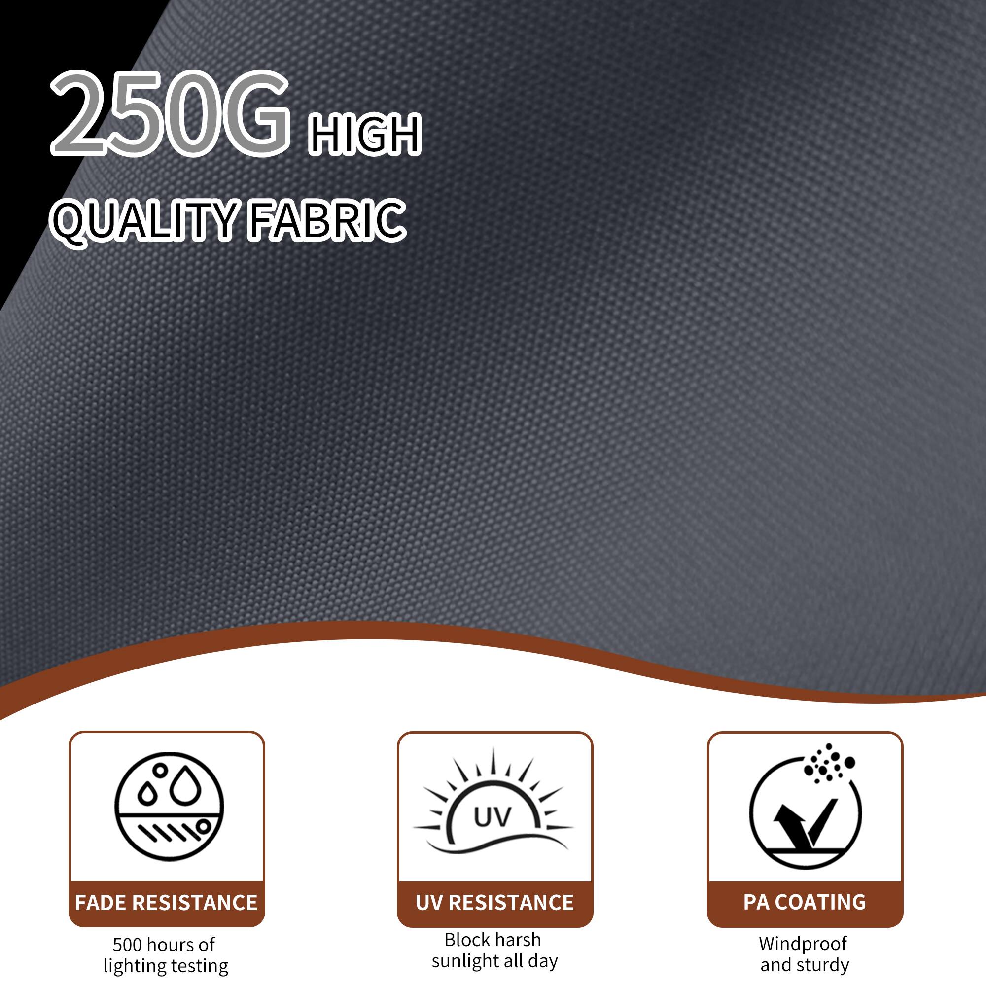 250G HIGH QUALITY FABRIC

- FADE RESISTANCE
  500 hours of lighting testing

- UV RESISTANCE
  Block harsh sunlight all day

- PA COATING
  Windproof and sturdy