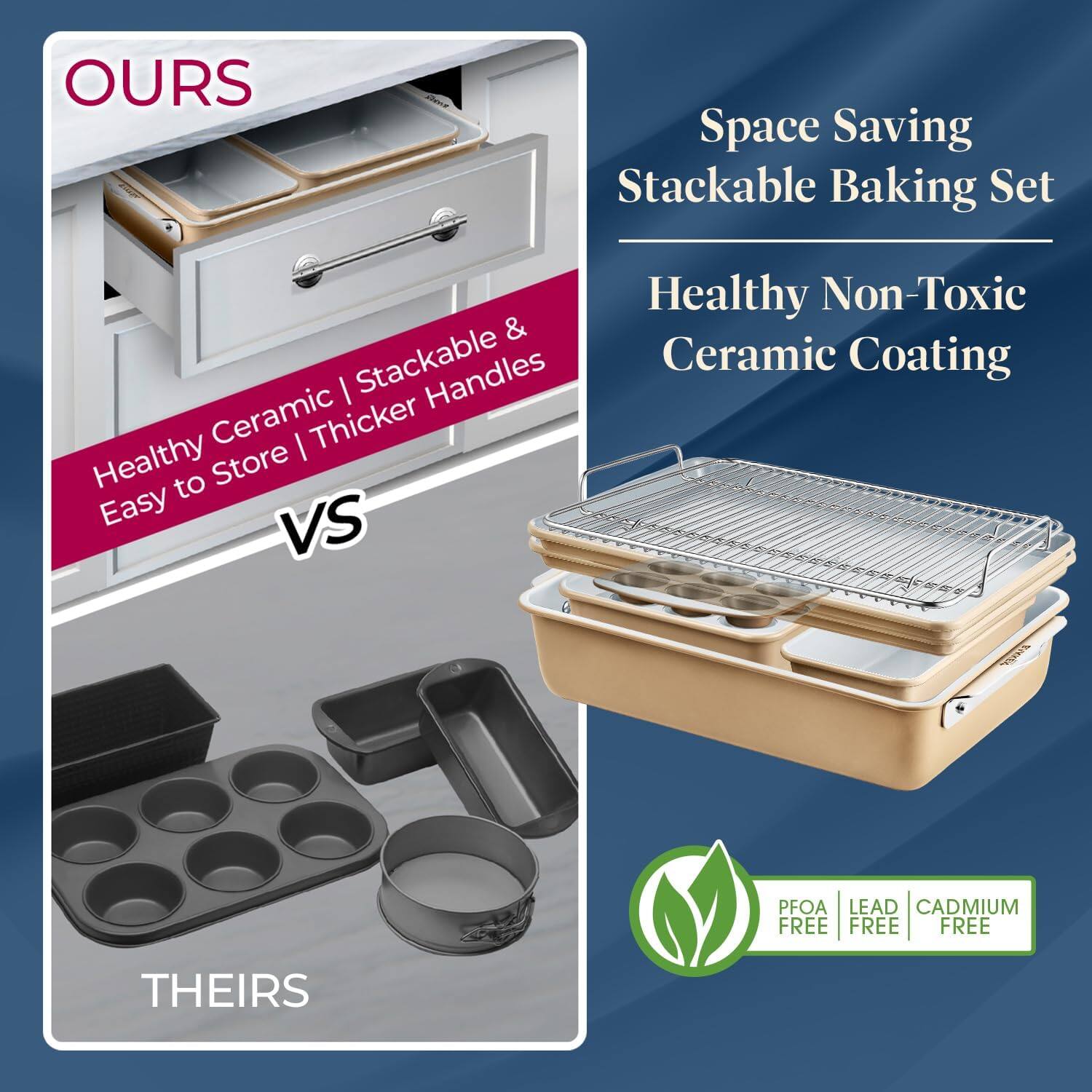 **OURS**

Healthy Ceramic | Stackable & Easy to Store | Thicker Handles

**VS**

**THEIRS**

---

**Space Saving Stackable Baking Set**

Healthy Non-Toxic Ceramic Coating

---

**PFOA FREE | LEAD FREE | CADMIUM FREE**