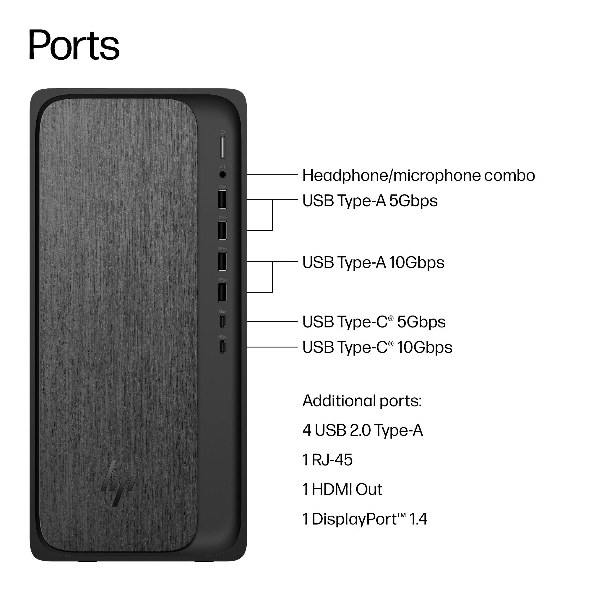 Ports

- Headphone/microphone combo
- USB Type-A 5Gbps
- USB Type-A 10Gbps
- USB Type-C 5Gbps
- USB Type-C 10Gbps

Additional ports:
- 4 USB 2.0 Type-A
- 1 RJ-45
- 1 HDMI Out
- 1 DisplayPort™ 1.4