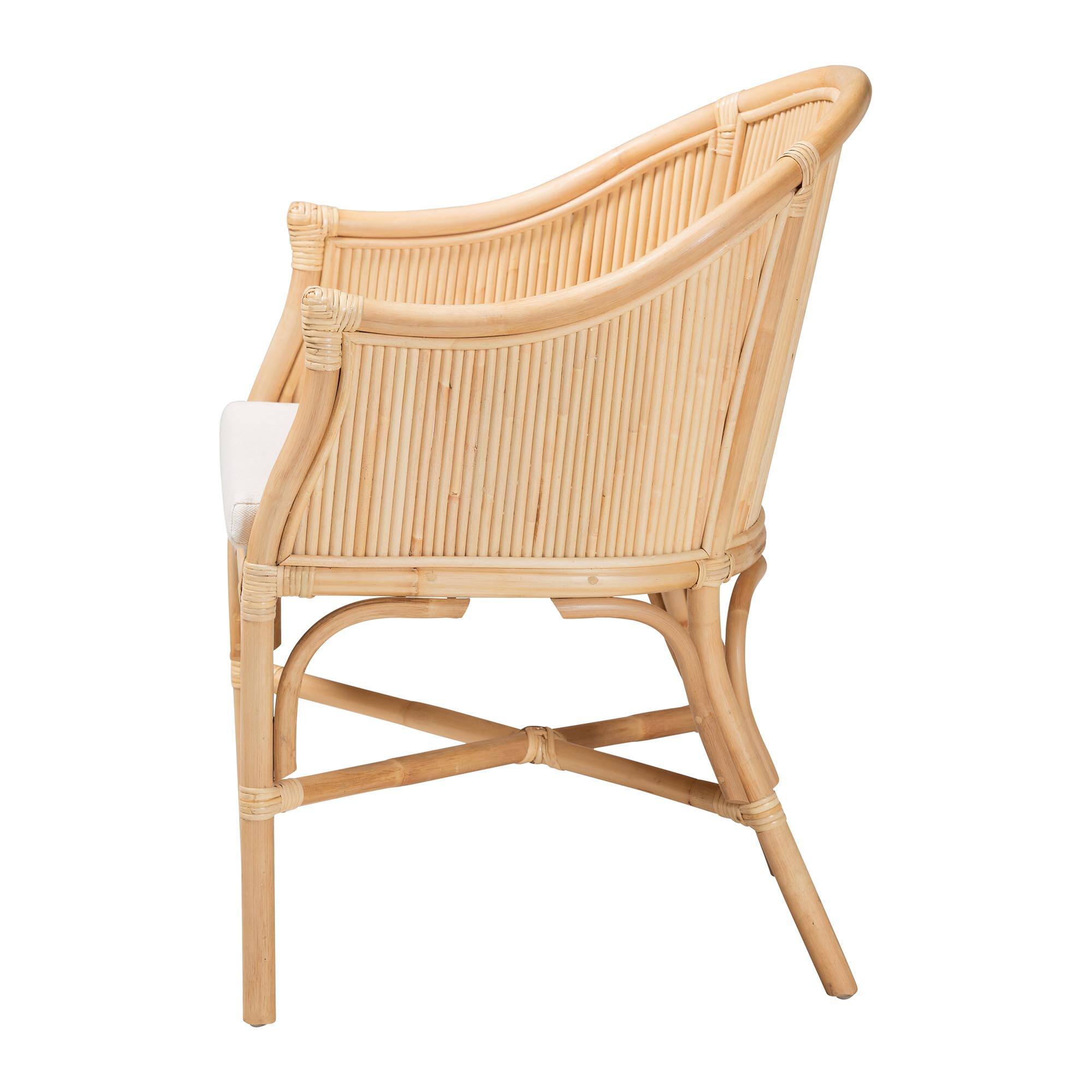 Left. bali & pari - Hollis Natural Rattan Barrel Chair with Cushion - Handcrafted Accent Armchair with Laminated Rattan Pole Back - Natural.