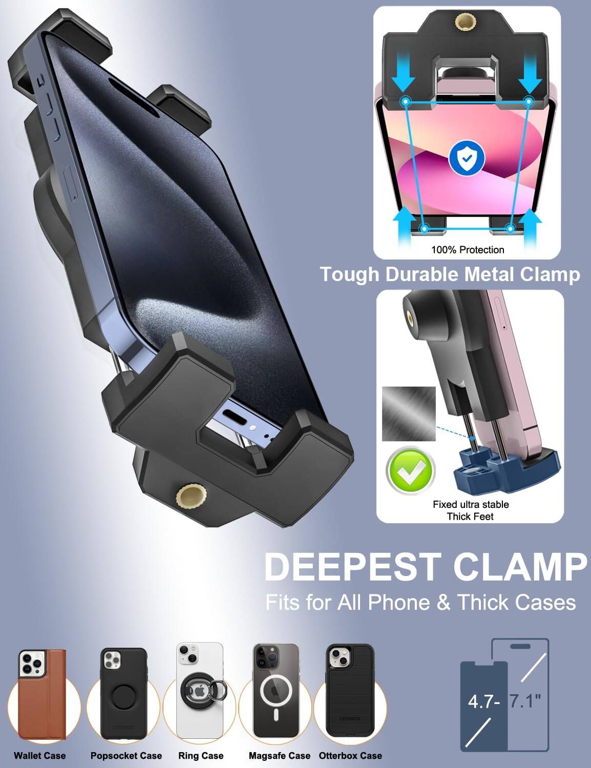 JJ 100% Protection Tough Durable Metal Clamp Fixed ultra stable Thick Feet DEEPEST CLAMP Fits for All Phone & Thick Cases 4.7- 7.1" Wallet Case Popsoket Case Ring Case Magsafe Case Otterbox Case