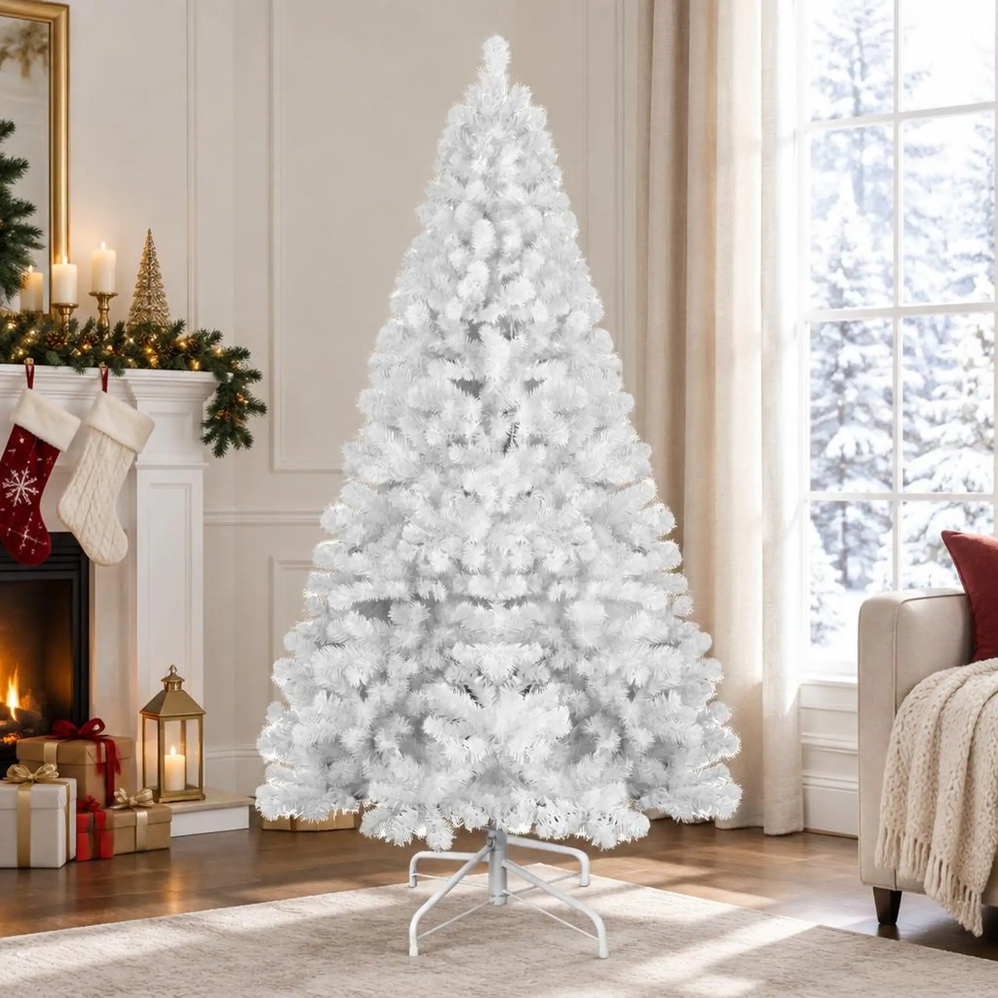 Front. RYHNUYNE - 6FT White Artificial Christmas Tree With 760 Tips and Memory Wire Branches, Hinged PVC and Easy Assembly - White.