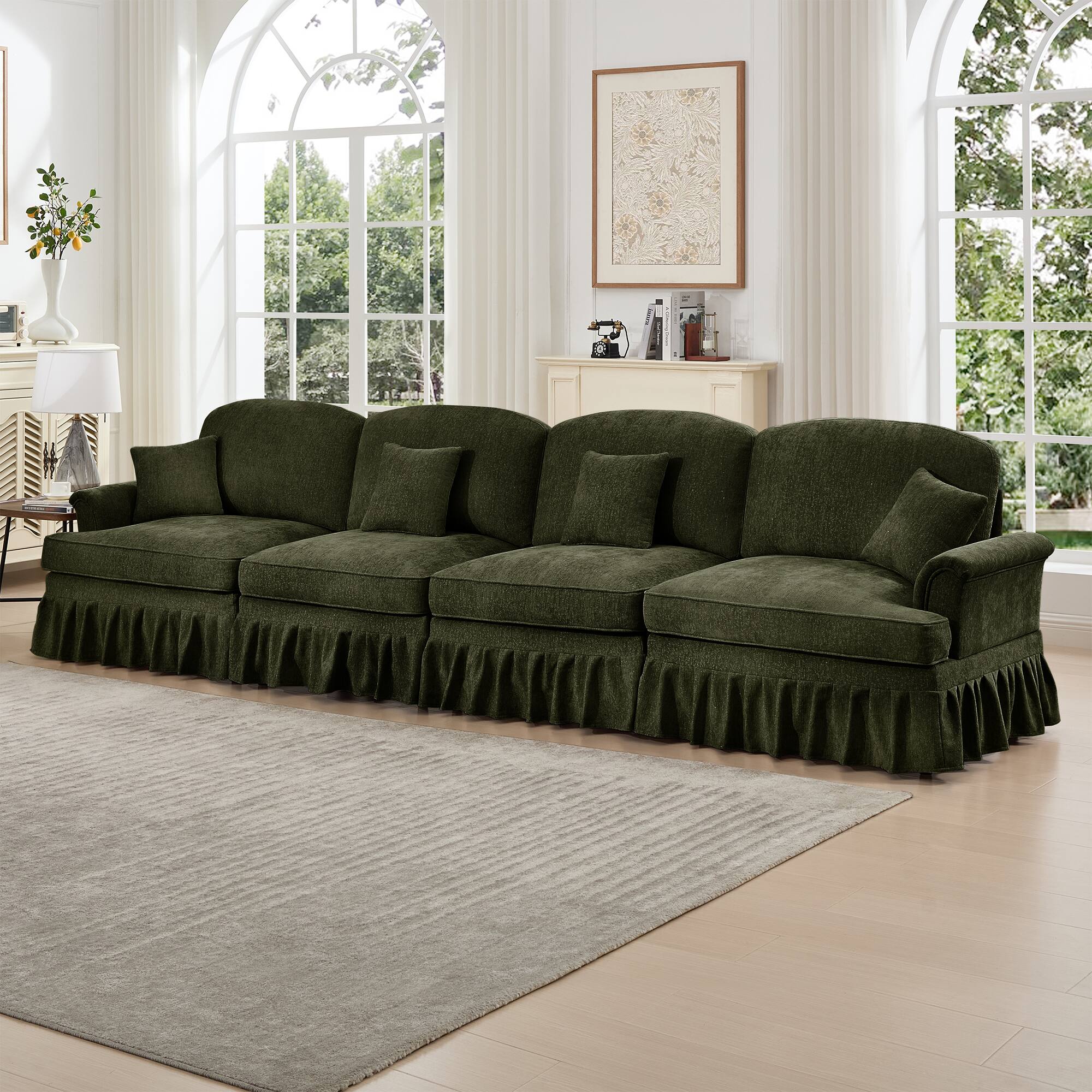 Anysun - Mid-Century Chenille 4-Seat Sofa - Flared Arms, Ruffled Skirt & Spindle Legs for Living Room - Green