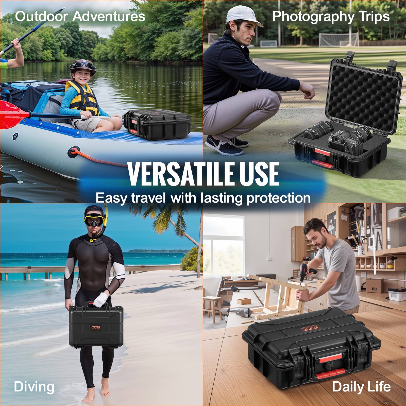 Outdoor Adventures  
Photography Trips  
Diving  
Daily Life  

VERSATILE USE  
Easy travel with lasting protection