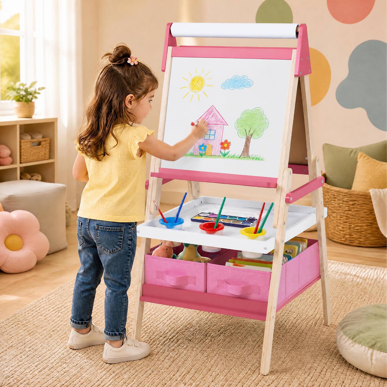 Alt View 3. Costway - Costway Easel for Kid, Double-sided Kids Easel with Magnetic Whiteboard & Chalkboard - Pink.